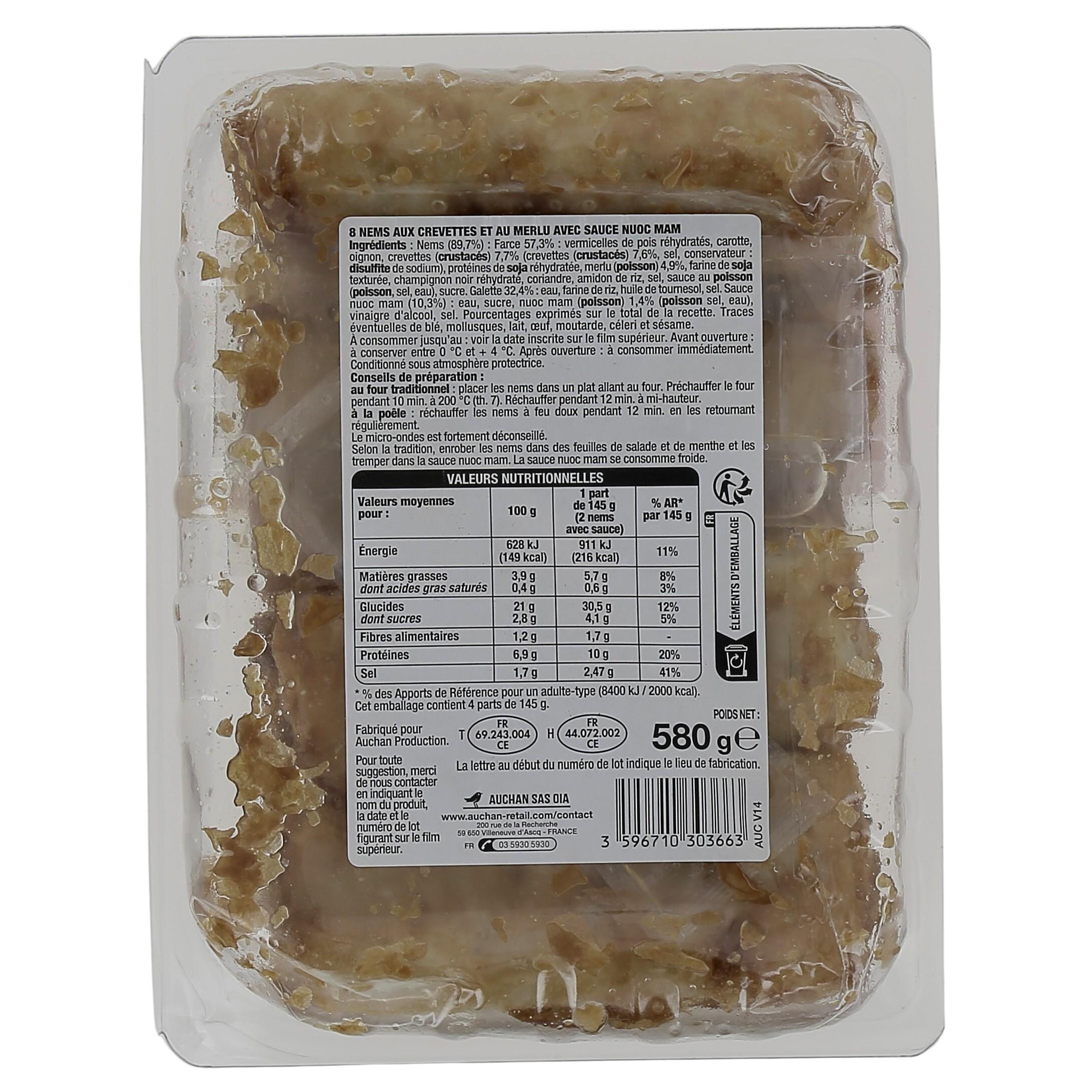 Voir la diapositive 3 : AUCHAN Nem crevettes colin d'Alaska crabe sauce nuoc mam 8 pièces 580g