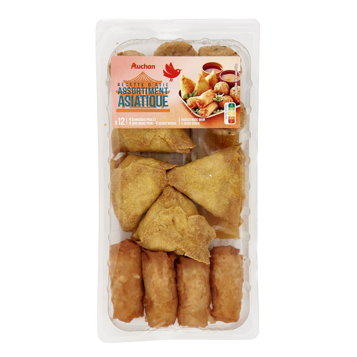 AUCHAN Assortiment asiatique avec sauces nuoc mam et aigre douce 12 pièces 300g