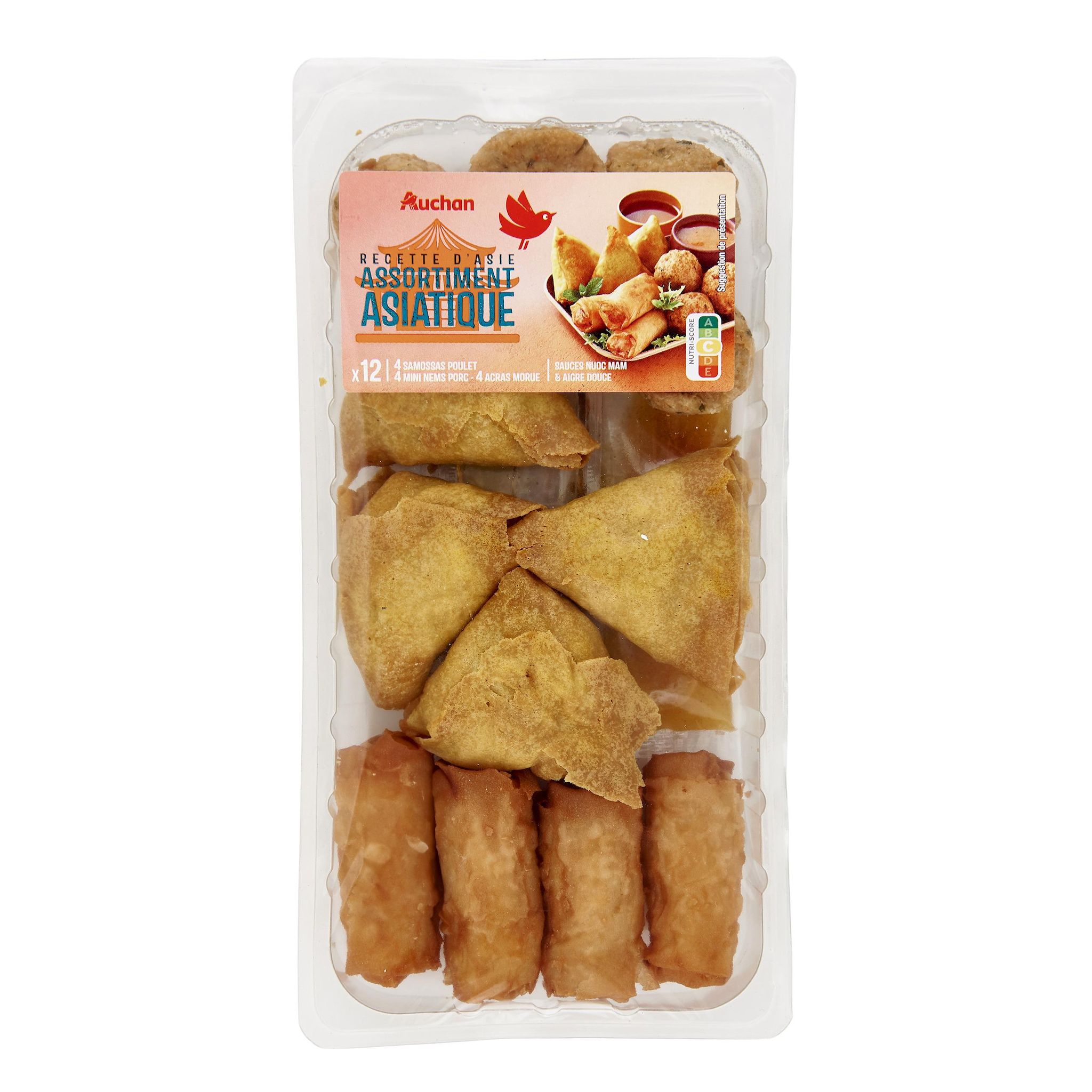 Voir la diapositive 2 : AUCHAN Assortiment asiatique avec sauces nuoc mam et aigre douce 12 pièces 300g