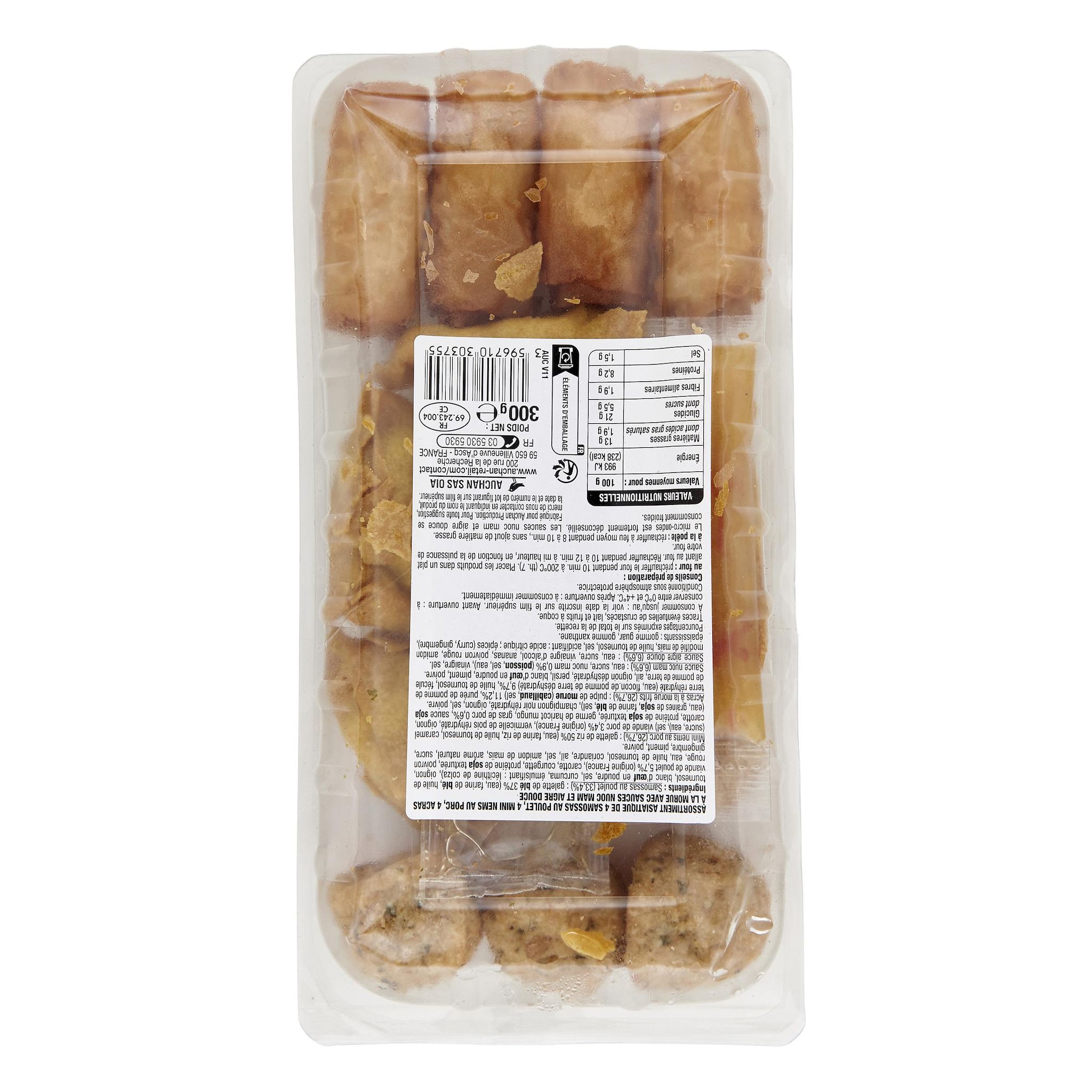 Voir la diapositive 3 : AUCHAN Assortiment asiatique avec sauces nuoc mam et aigre douce 12 pièces 300g