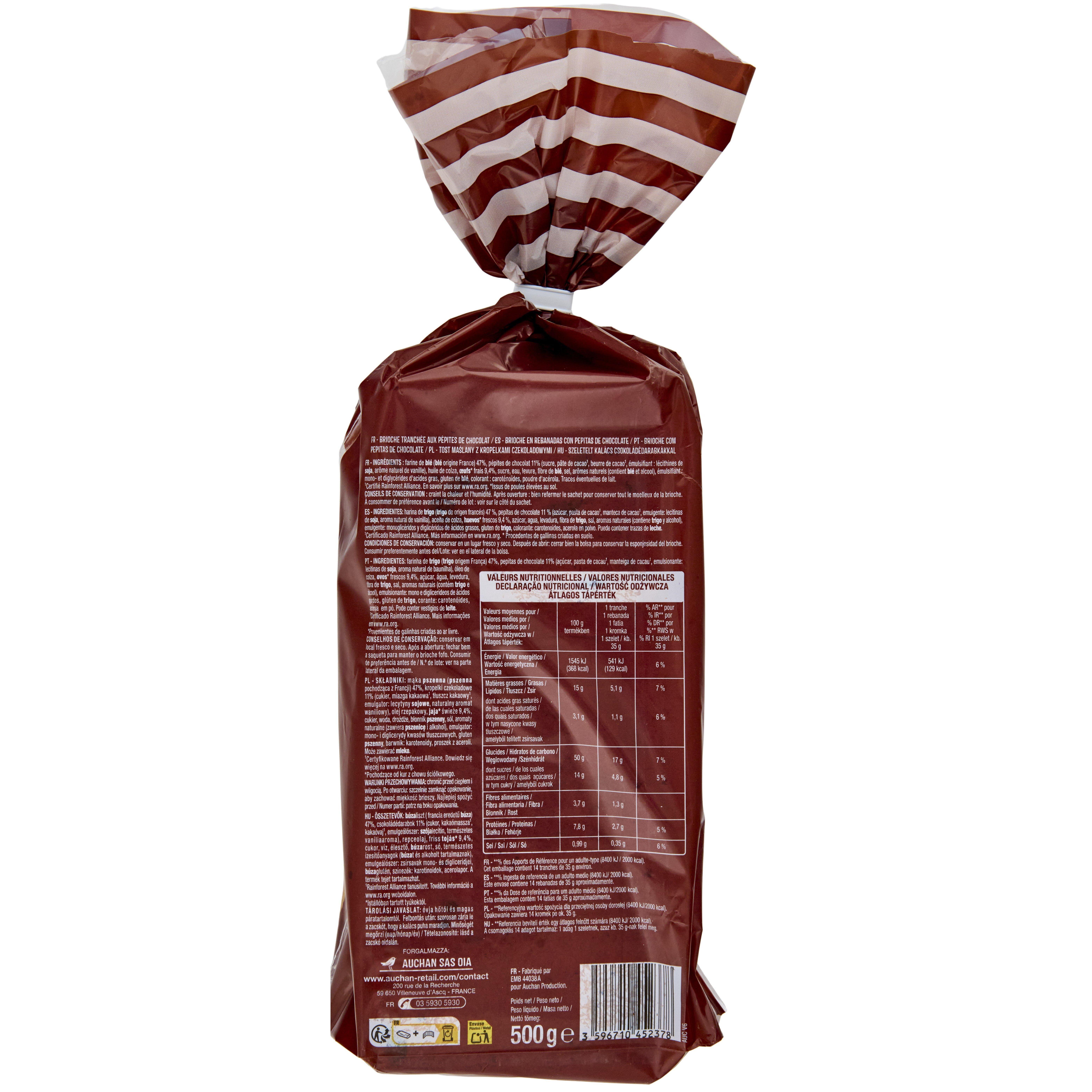 Voir la diapositive 2 : AUCHAN Brioche tranchée aux pépites de chocolat 14 tranches 500g