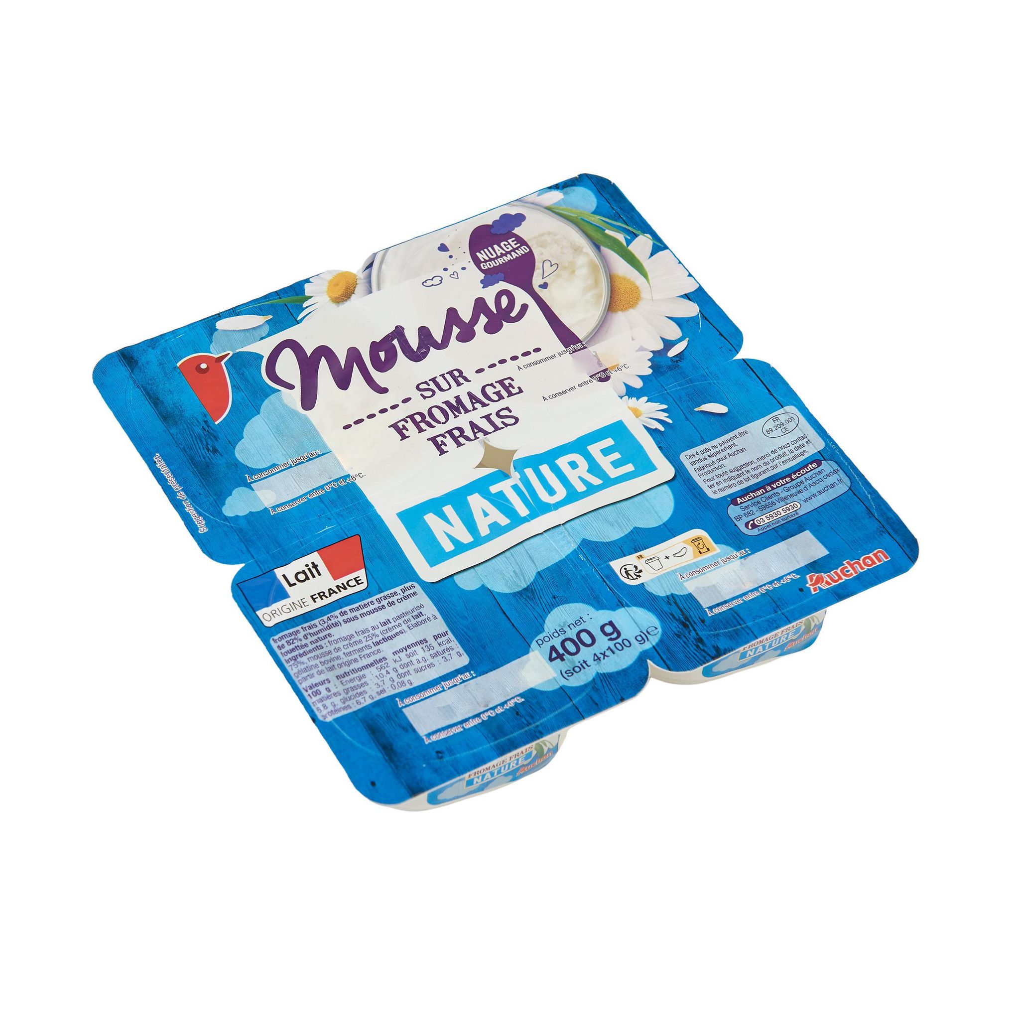 Voir la diapositive 2 : AUCHAN Mousse sur fromage frais nature 4x100g