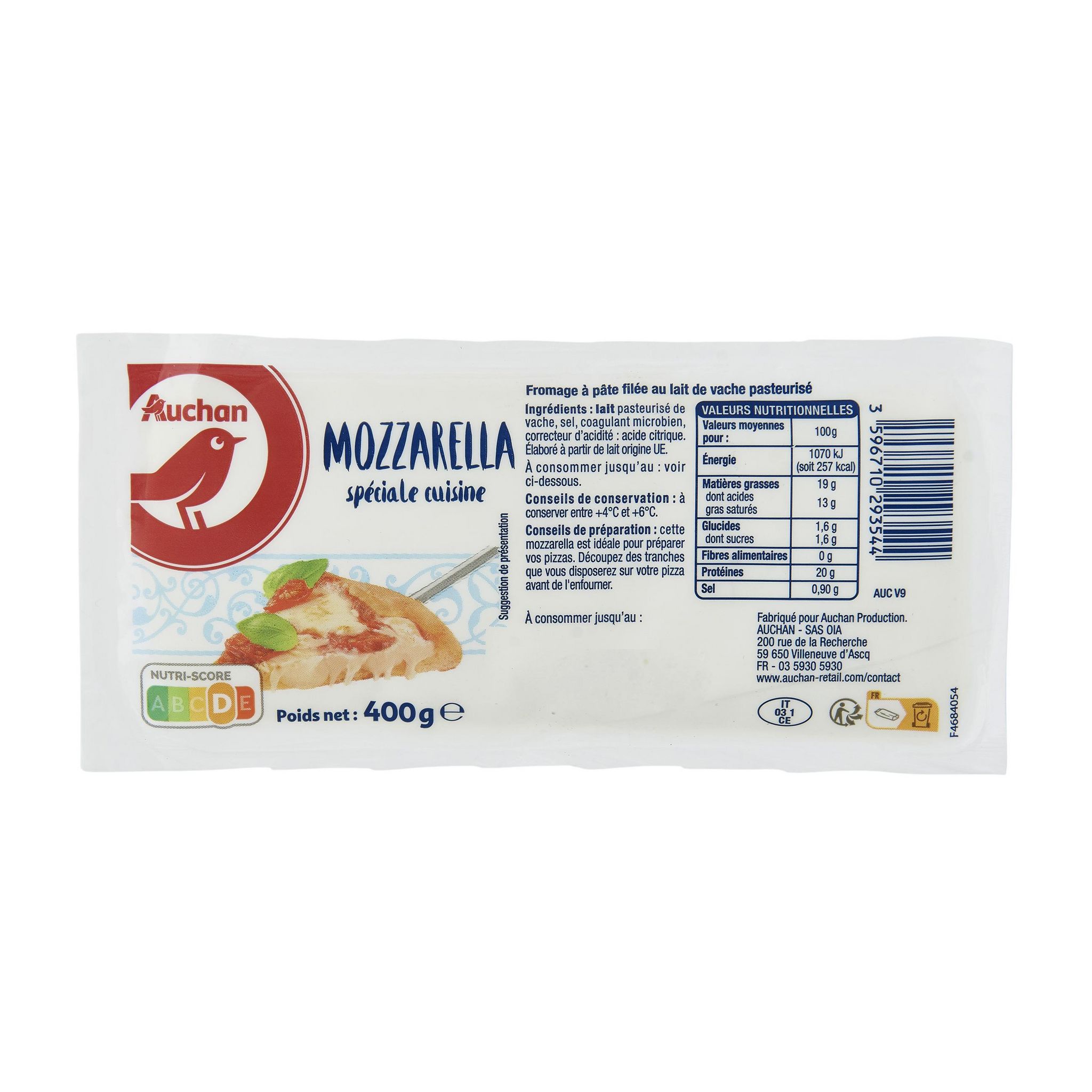 Voir la diapositive 2 : AUCHAN Mozzarella spéciale cuisine 400g