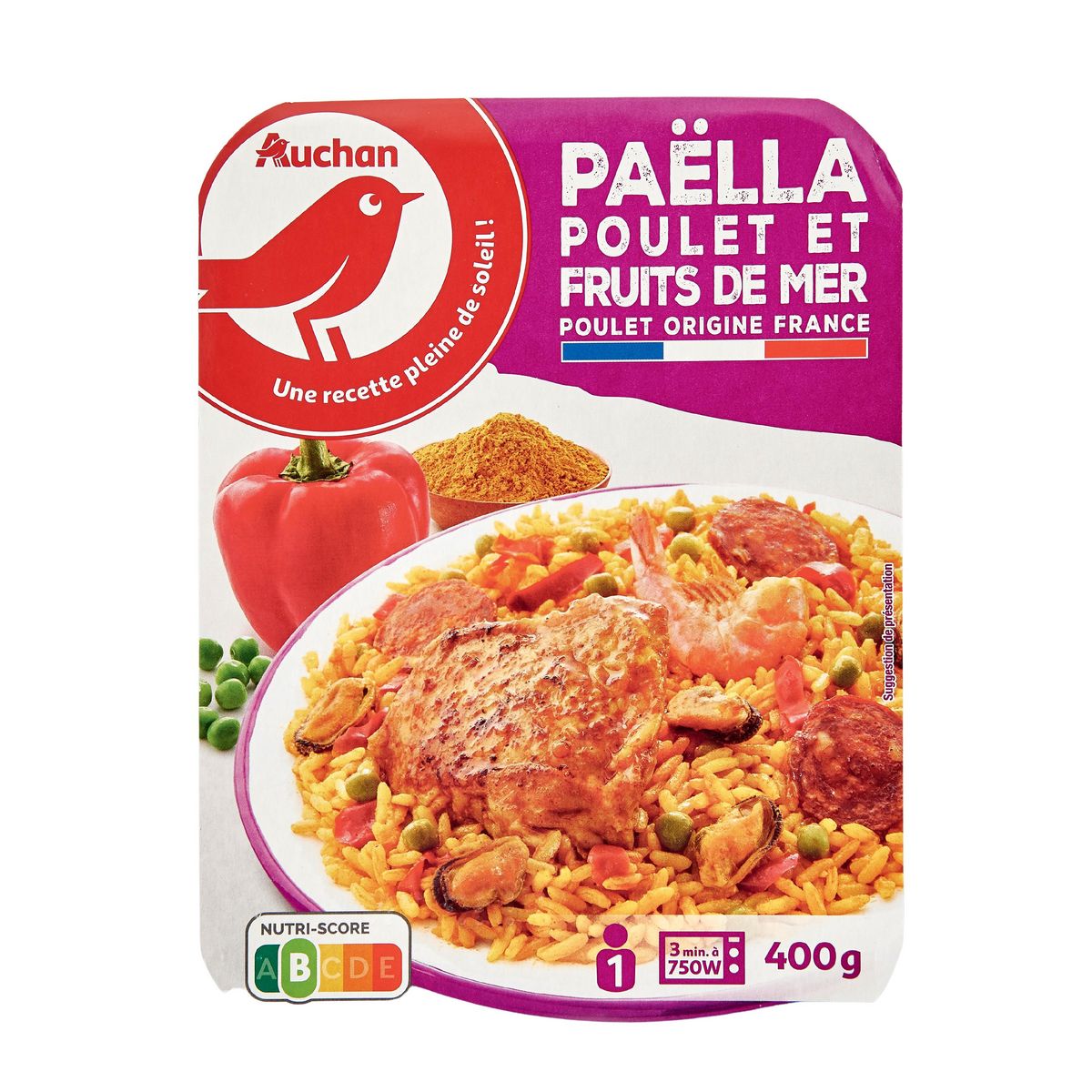 AUCHAN Paëlla au poulet et fruits de mer 1 part 400g