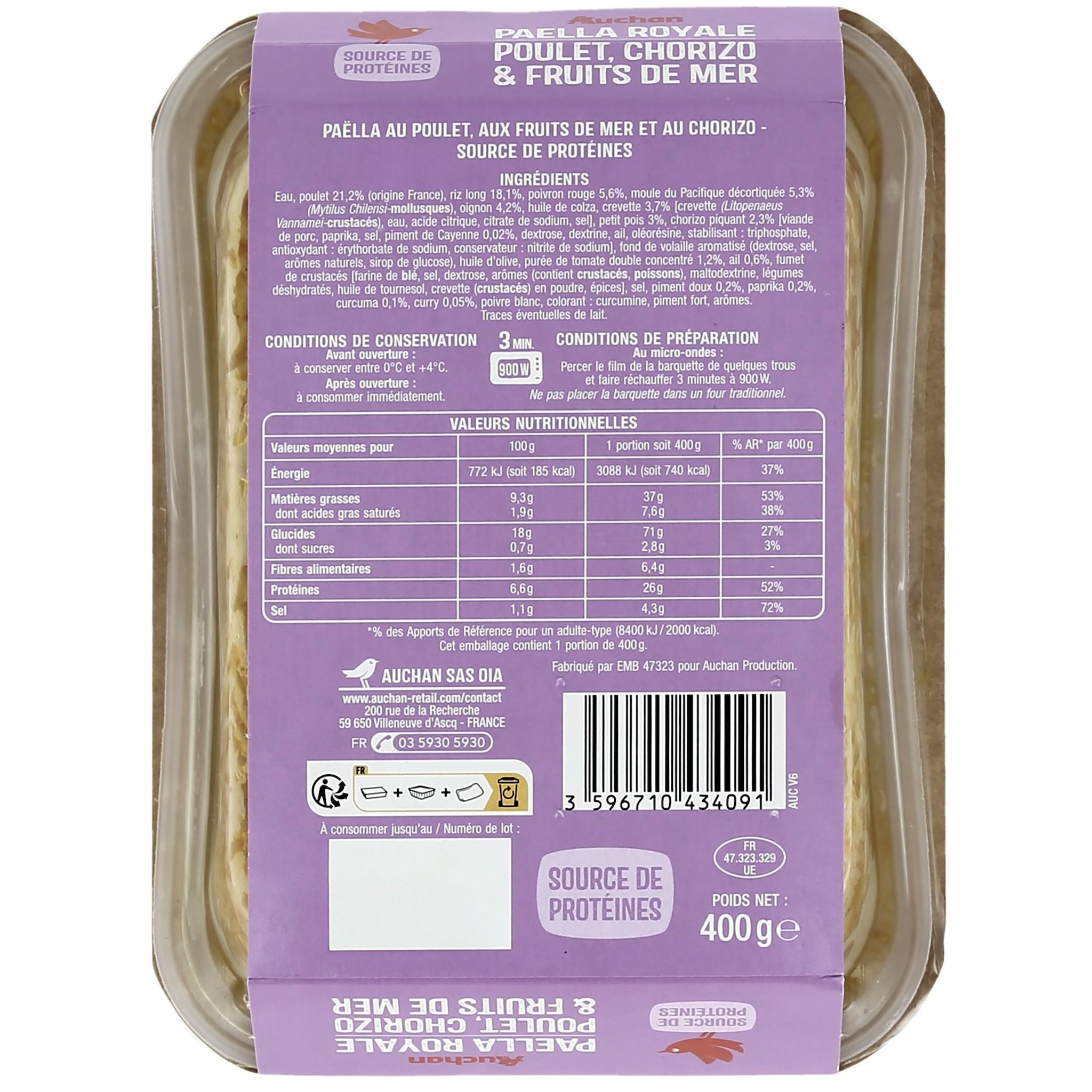 Voir la diapositive 2 : AUCHAN Paëlla au poulet et fruits de mer 1 part 400g