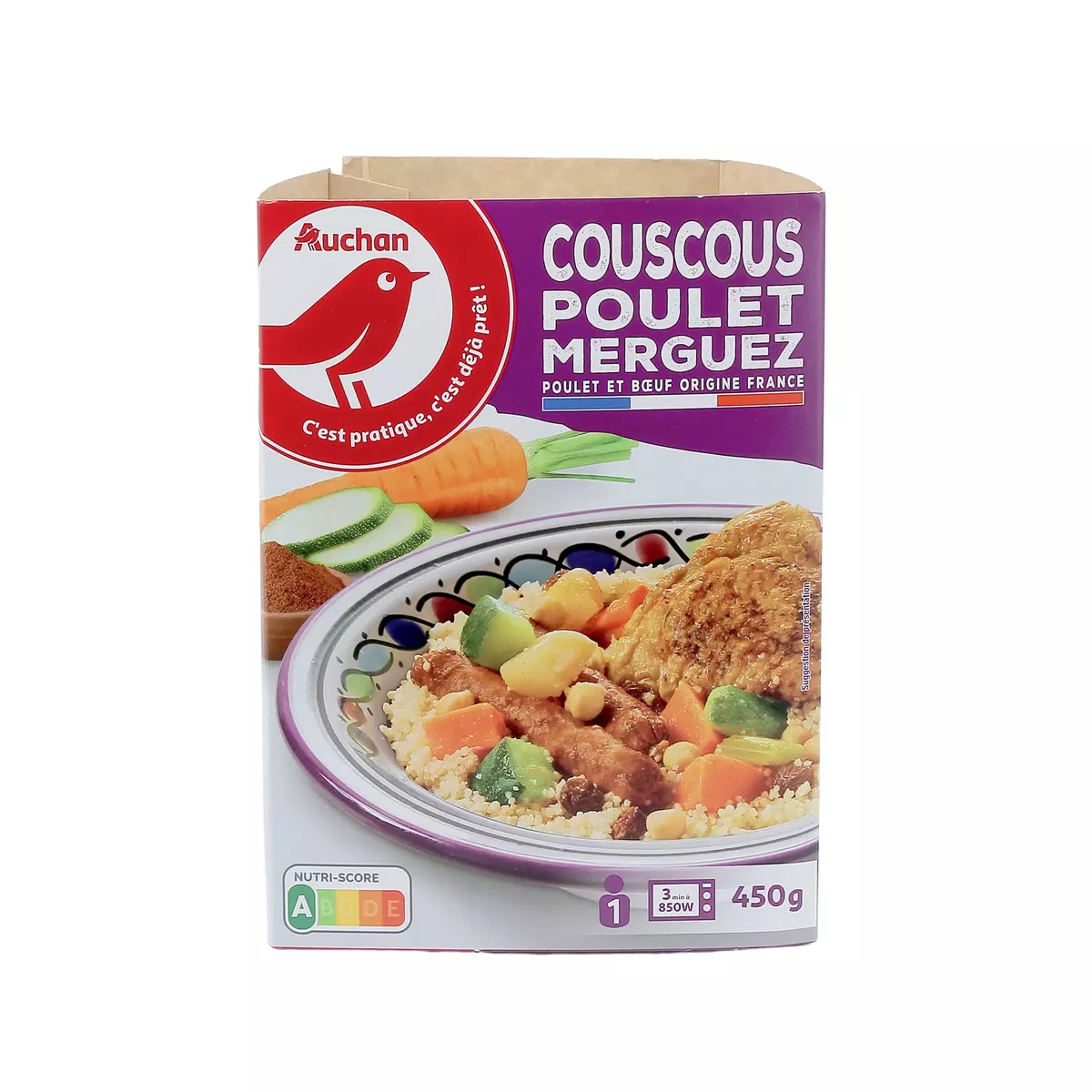 AUCHAN Couscous poulet et merguez aux épices douces sans couverts 1 portion 450g