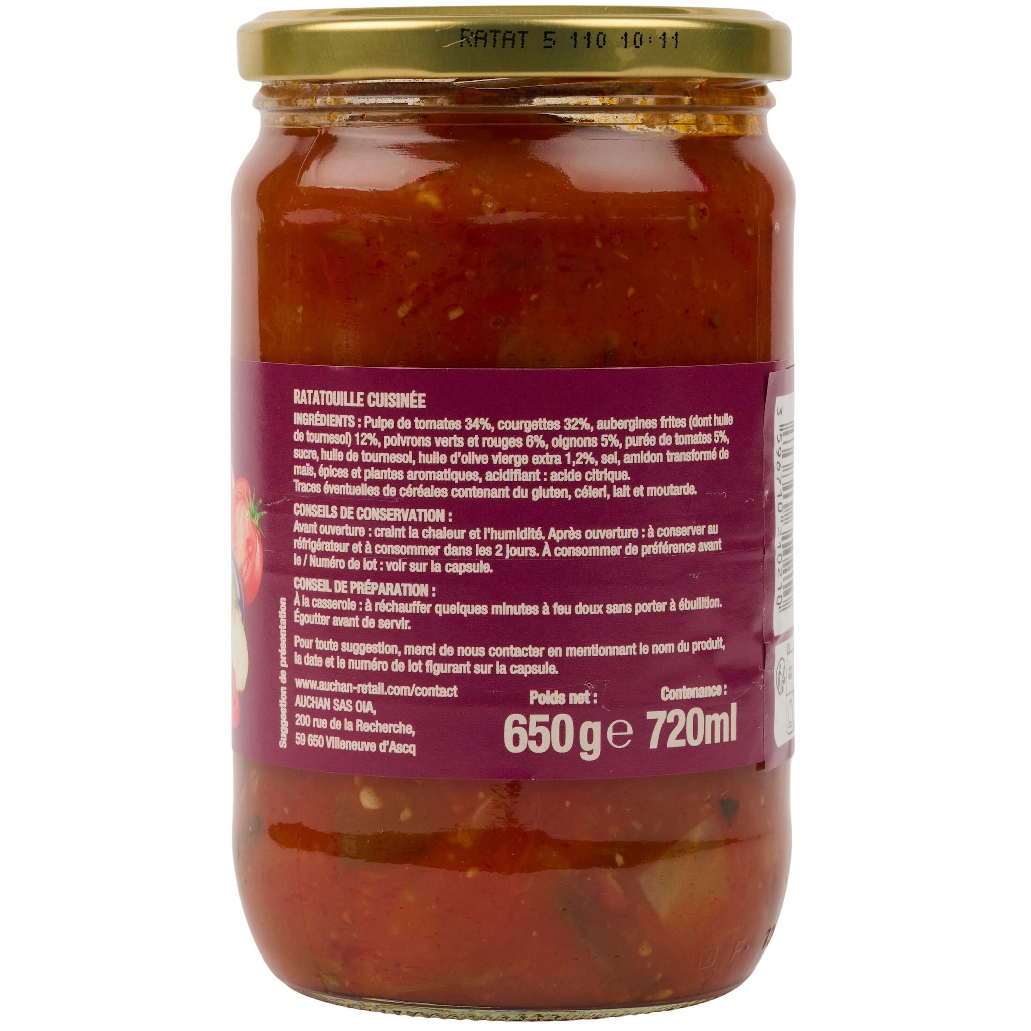 Voir la diapositive 3 : AUCHAN Ratatouille cuisinée à l'huile d'olive en bocal 650g