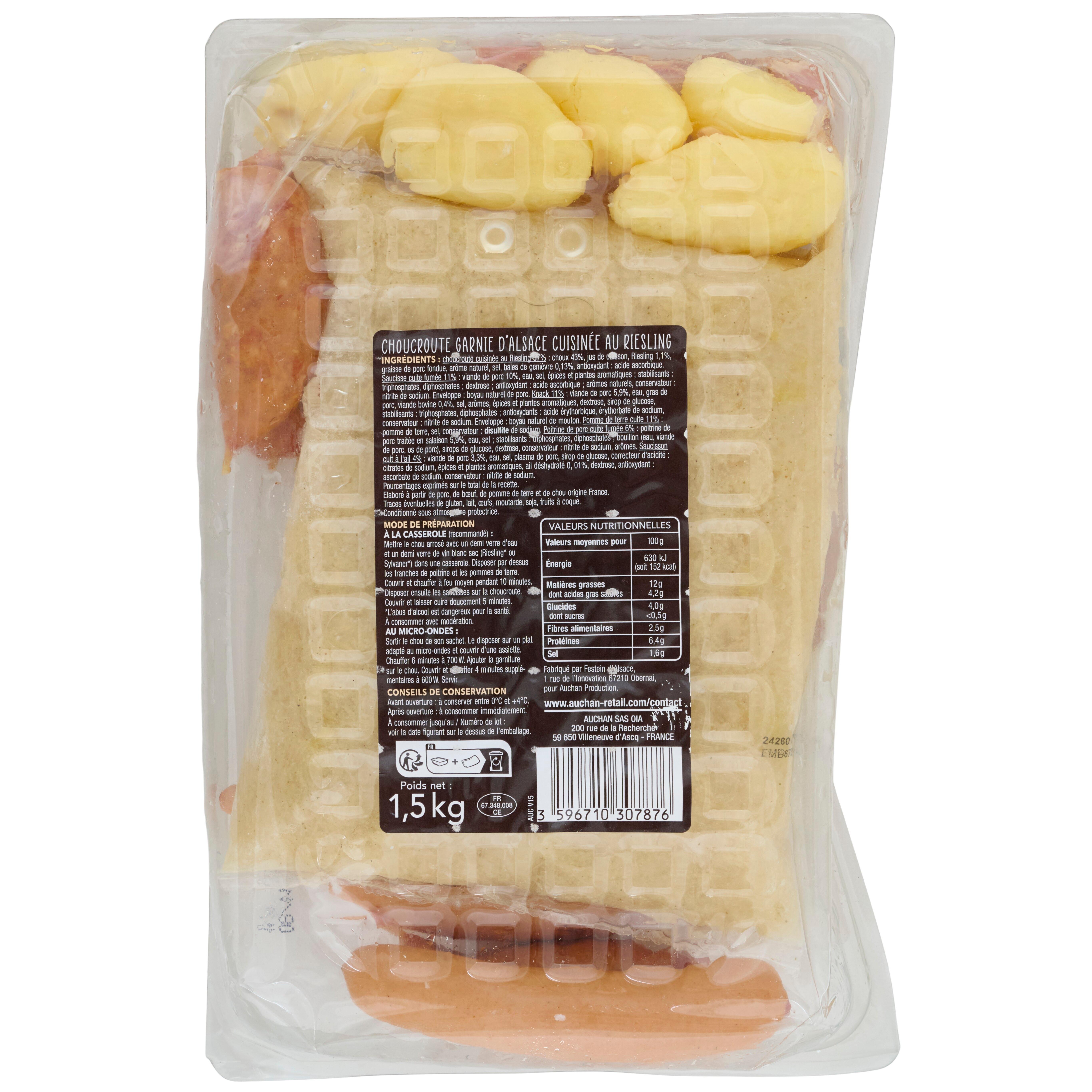 Voir la diapositive 2 : AUCHAN TERROIR Choucroute garnie et cuisinée au riesling 4 parts 1.5kg