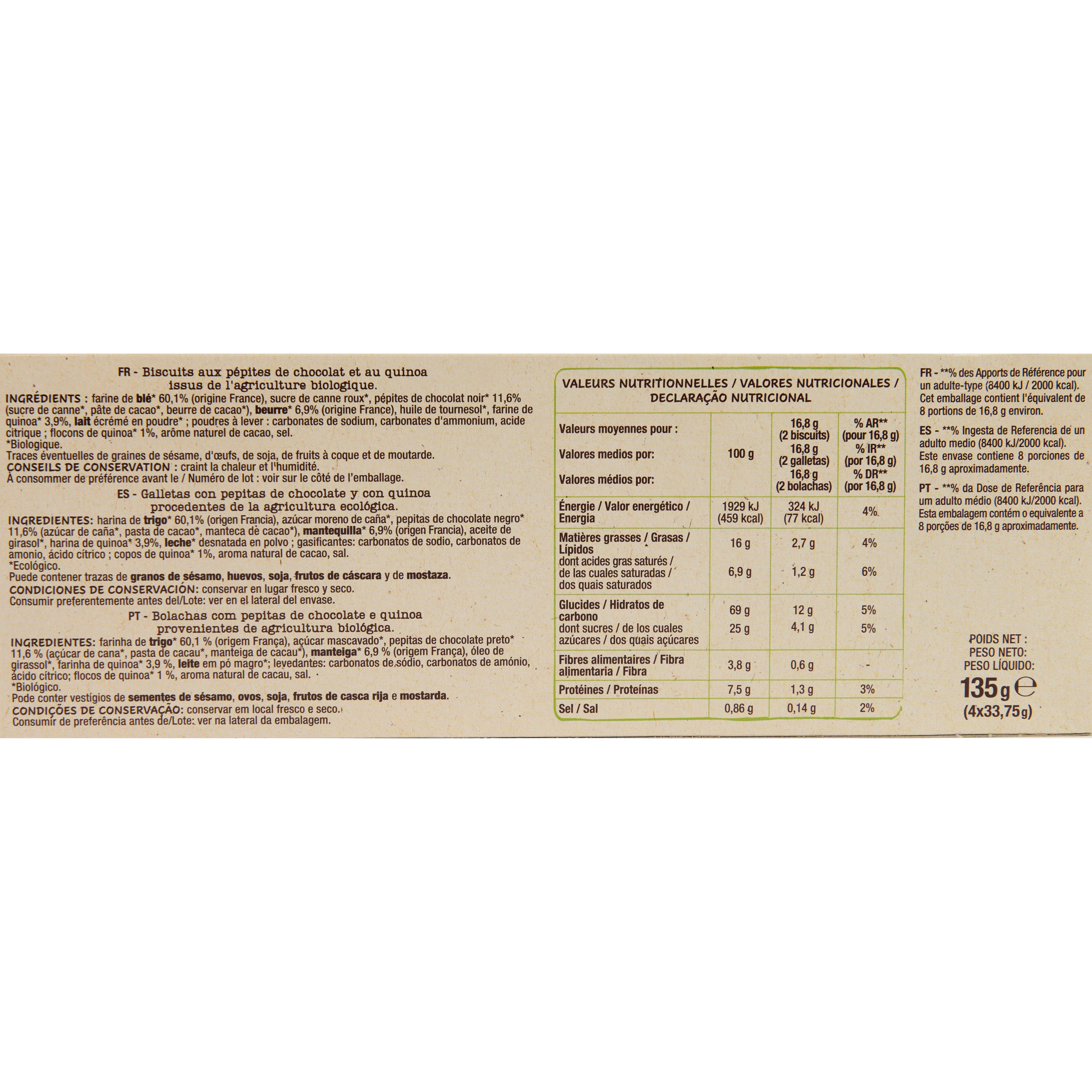 Voir la diapositive 2 : AUCHAN BIO CULTIVONS LE BON Biscuits au quinoa et pépites de chocolat 4x4 biscuits 135g