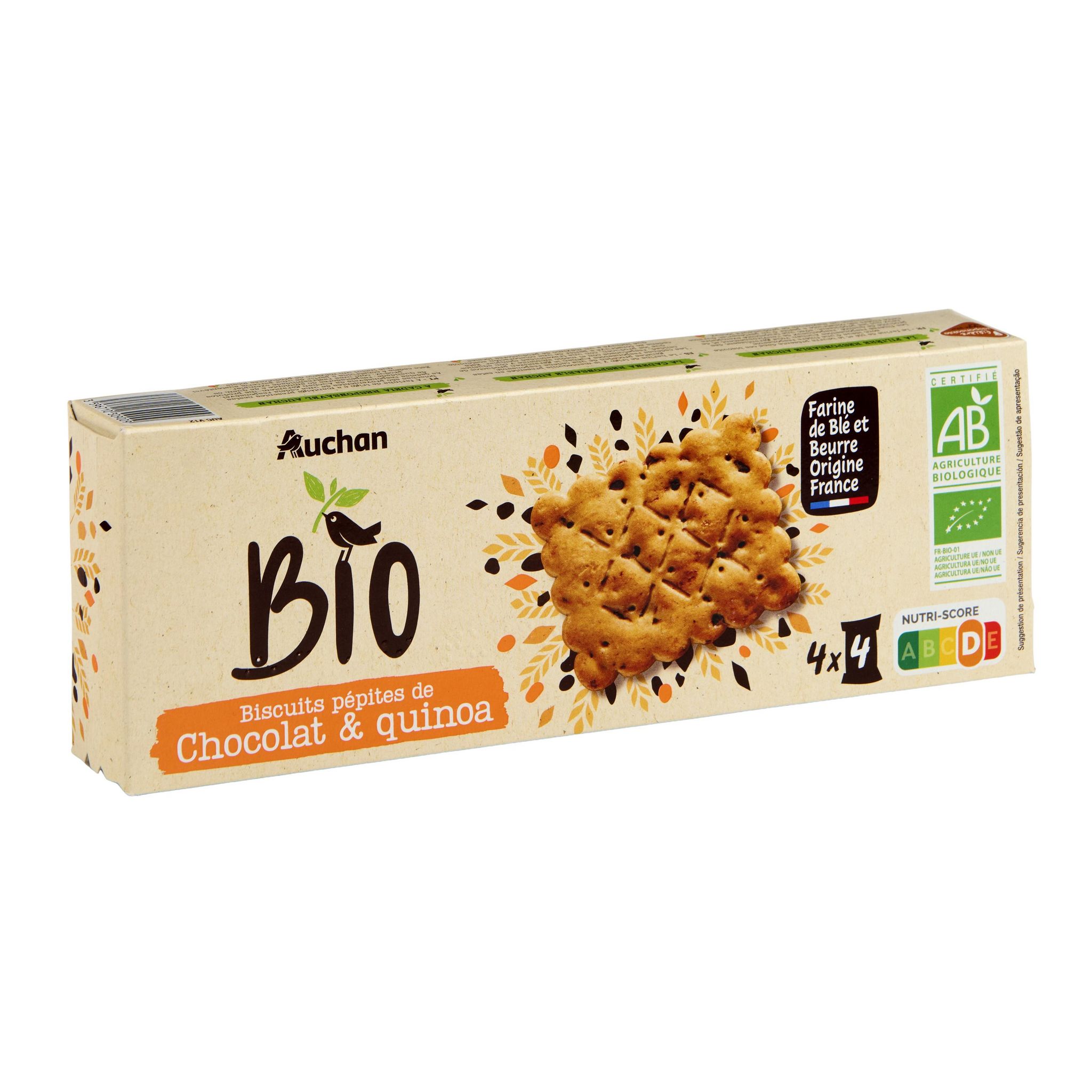 Voir la diapositive 2 : AUCHAN BIO CULTIVONS LE BON Biscuits au quinoa et pépites de chocolat 4x4 biscuits 135g