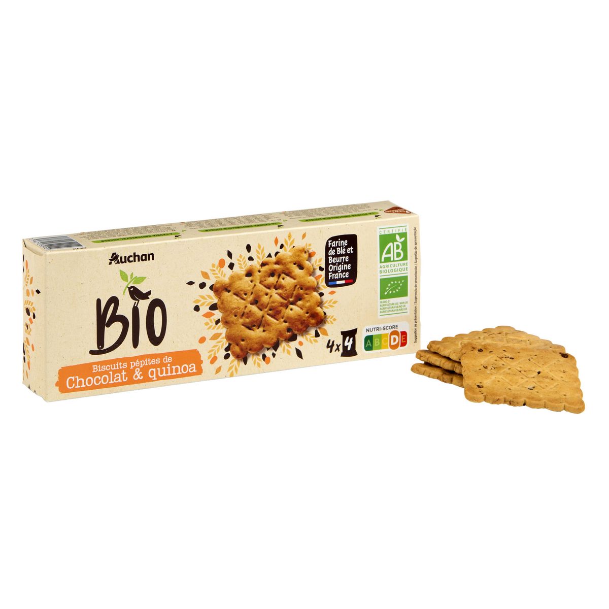 AUCHAN BIO CULTIVONS LE BON Biscuits au quinoa et pépites de chocolat 4x4 biscuits 135g