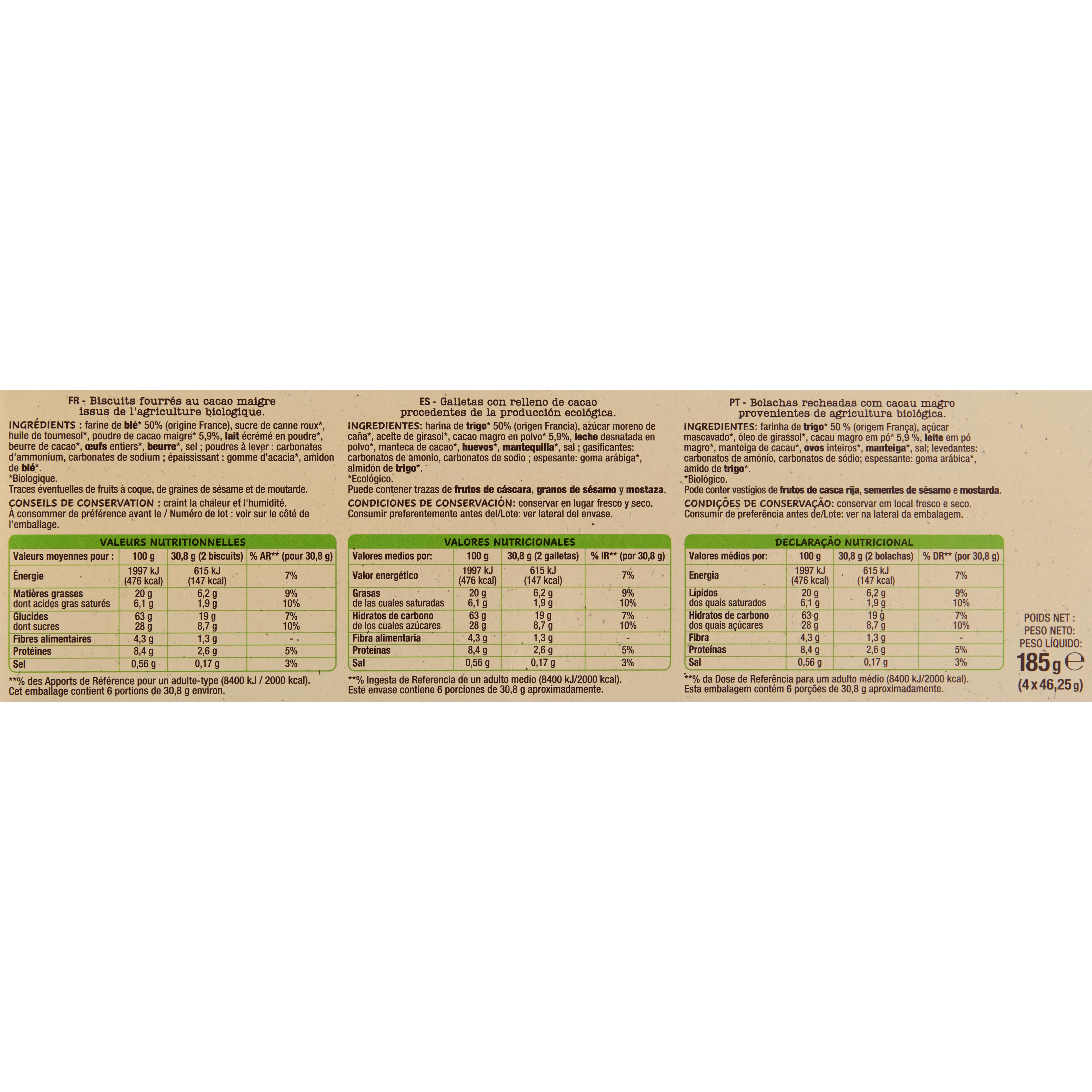 Voir la diapositive 3 : AUCHAN BIO Biscuits goûters fourrés au cacao sachets fraîcheur 4x3 biscuits 185g