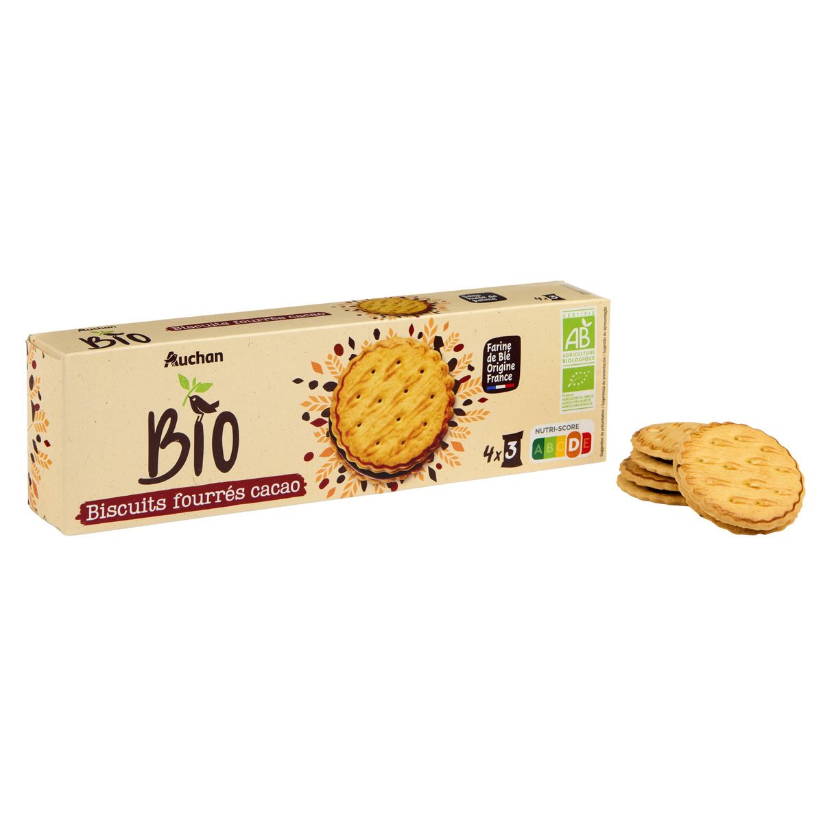 AUCHAN BIO Biscuits goûters fourrés au cacao sachets fraîcheur 4x3 biscuits 185g