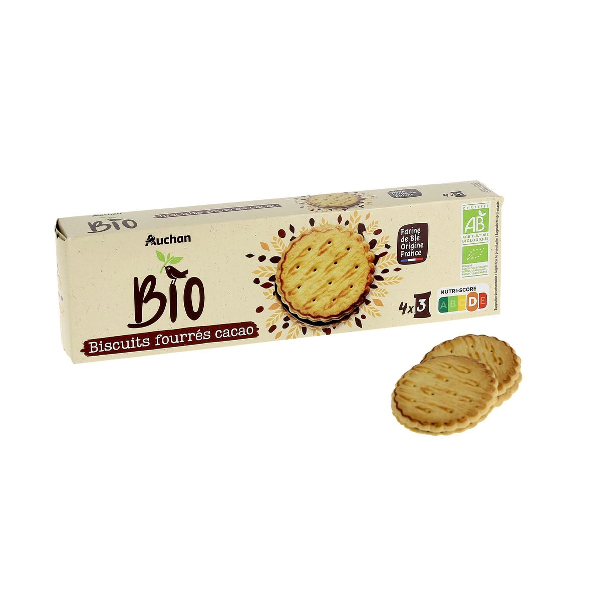 AUCHAN BIO Biscuits goûters fourrés au cacao sachets fraîcheur 4x3 biscuits 185g