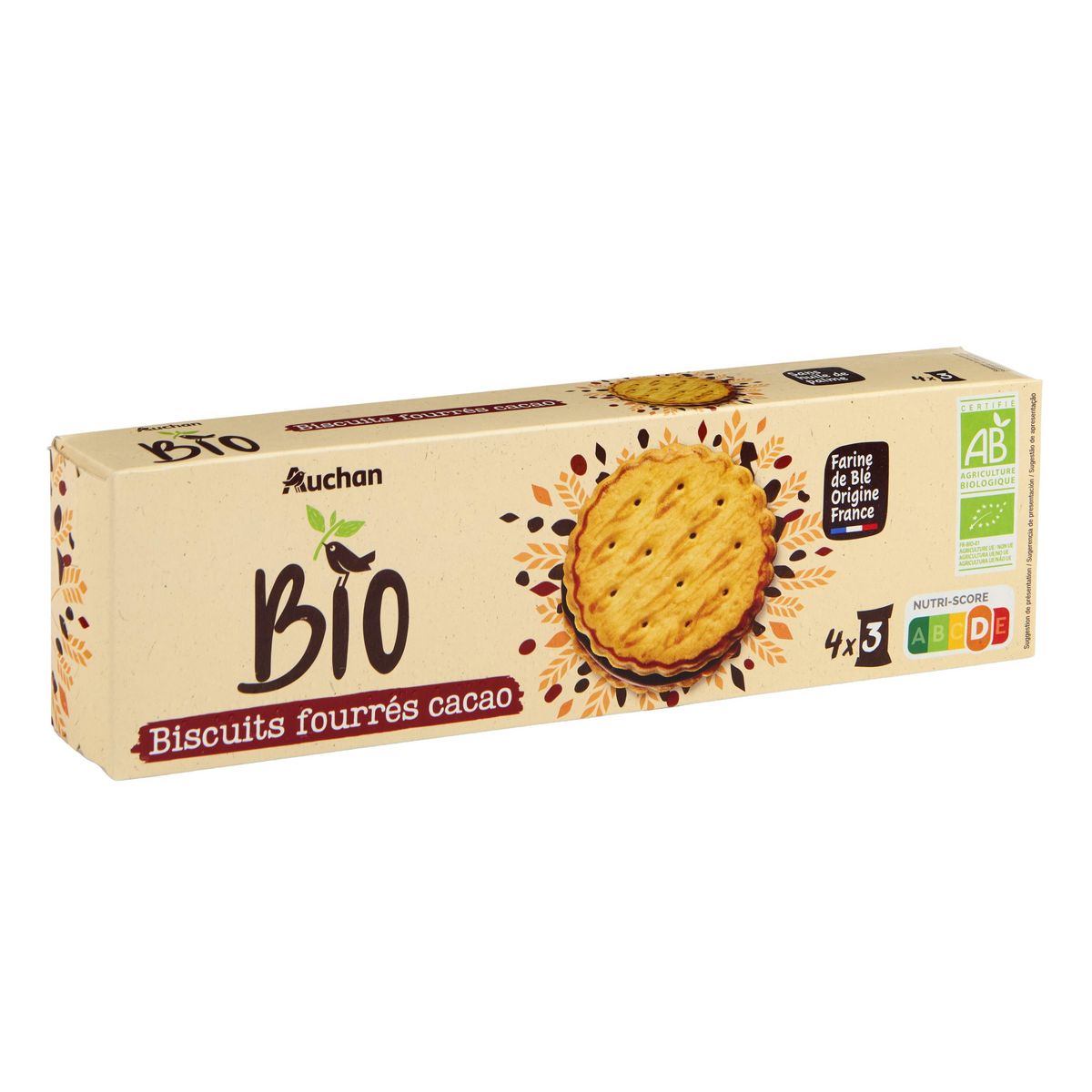 AUCHAN BIO Biscuits goûters fourrés au cacao sachets fraîcheur 4x3 biscuits 185g