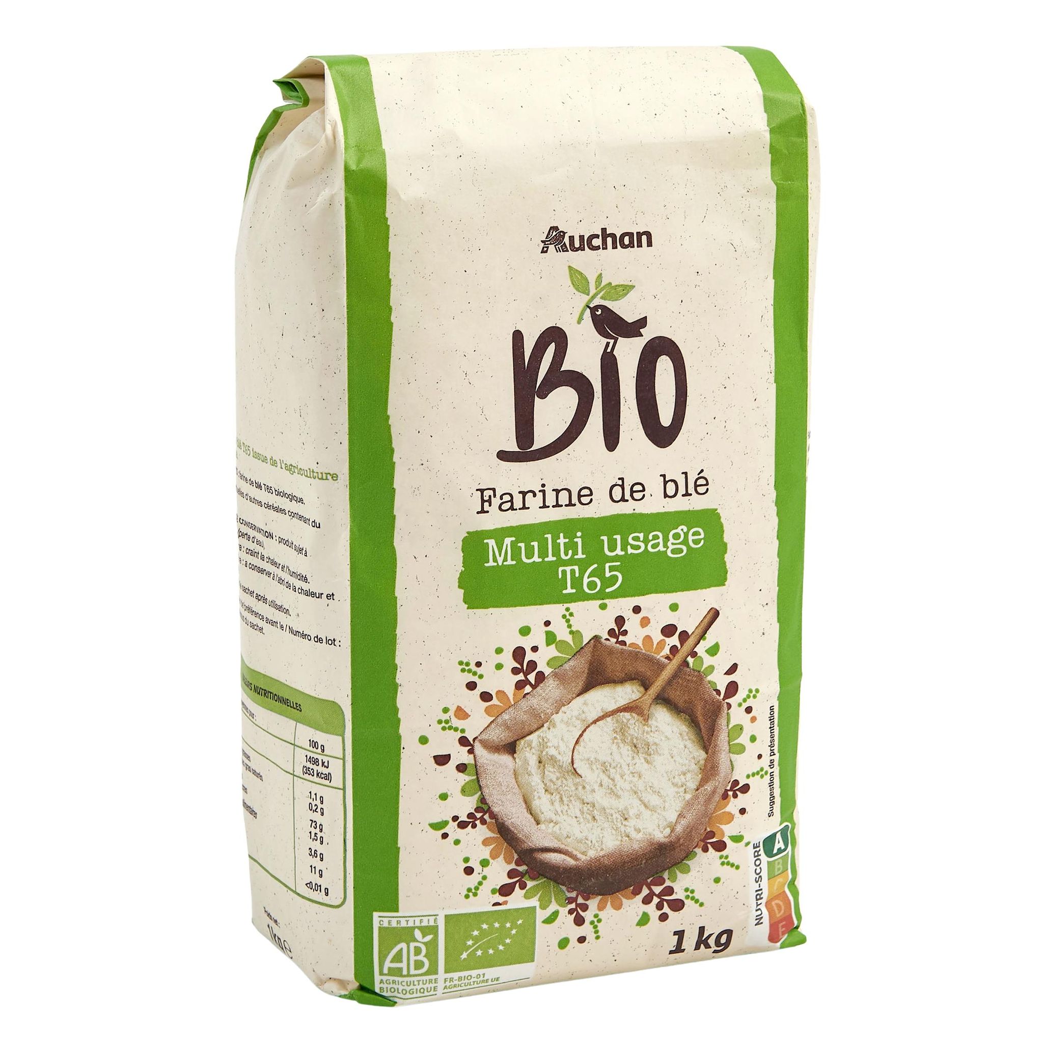 Voir la diapositive 2 : AUCHAN BIO Farine de blé multi usage T65 1kg