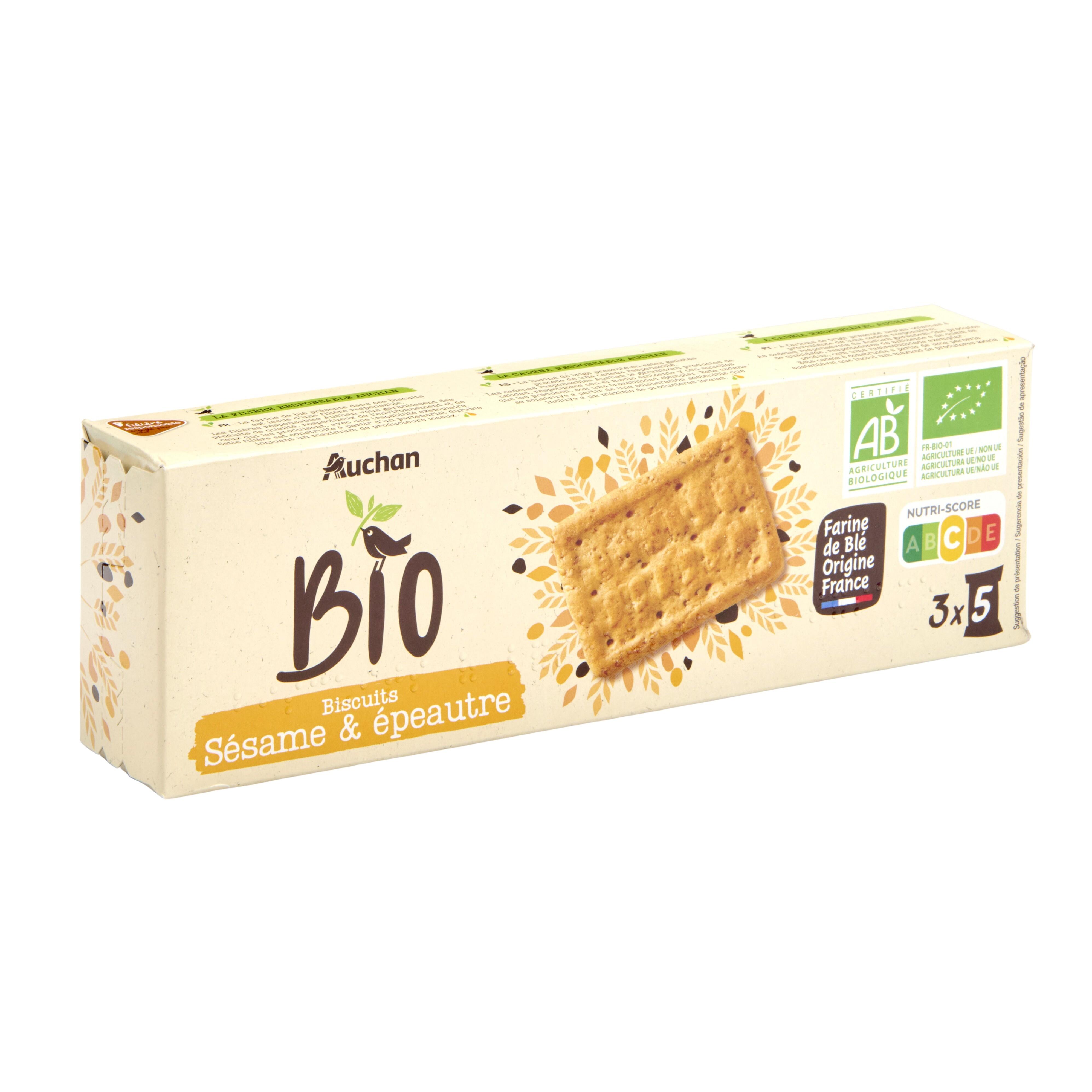 Voir la diapositive 2 : AUCHAN BIO CULTIVONS LE BON Biscuits épeautre sésame, sachets fraîcheur 3x5 biscuits 150g