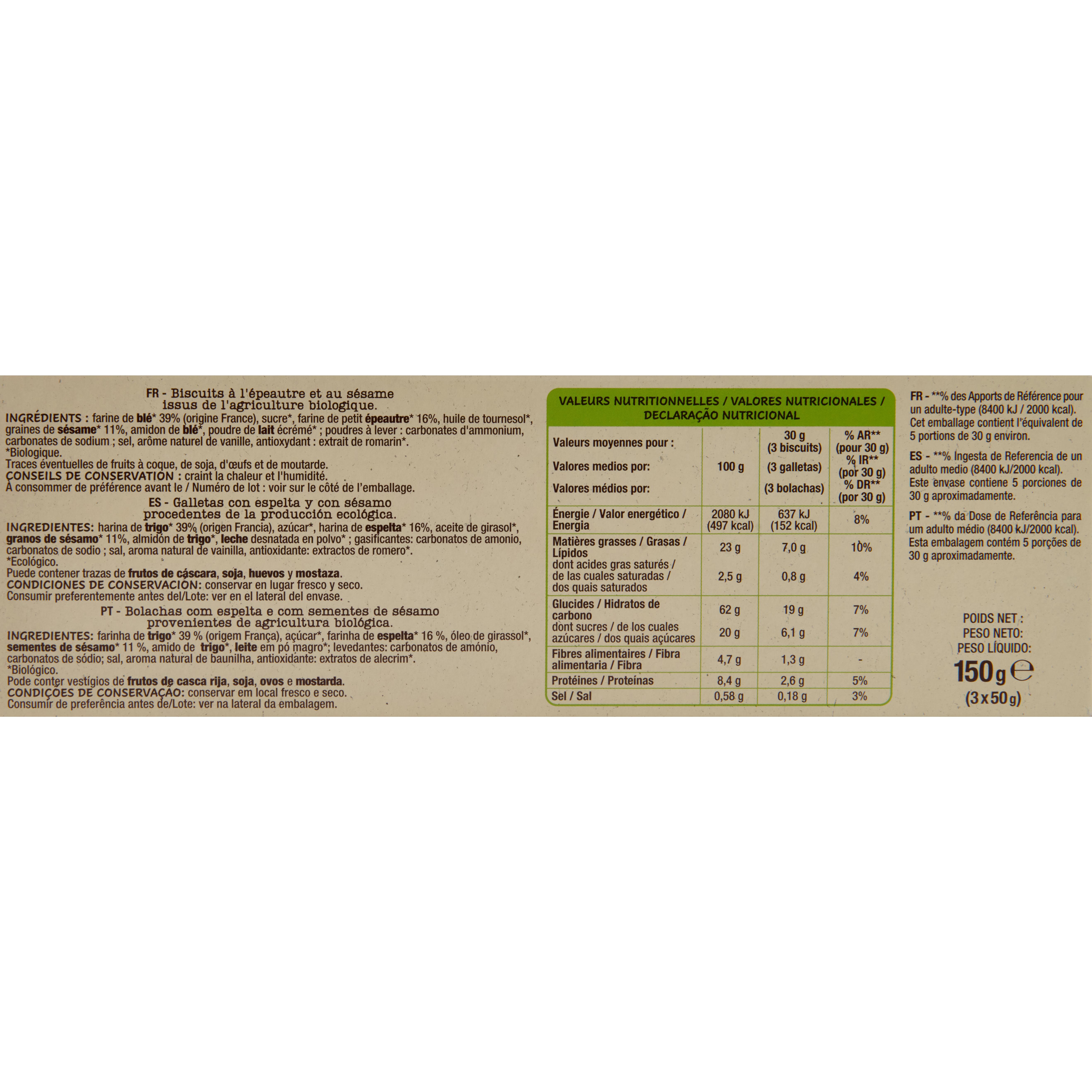 Voir la diapositive 4 : AUCHAN BIO CULTIVONS LE BON Biscuits épeautre sésame, sachets fraîcheur 3x5 biscuits 150g
