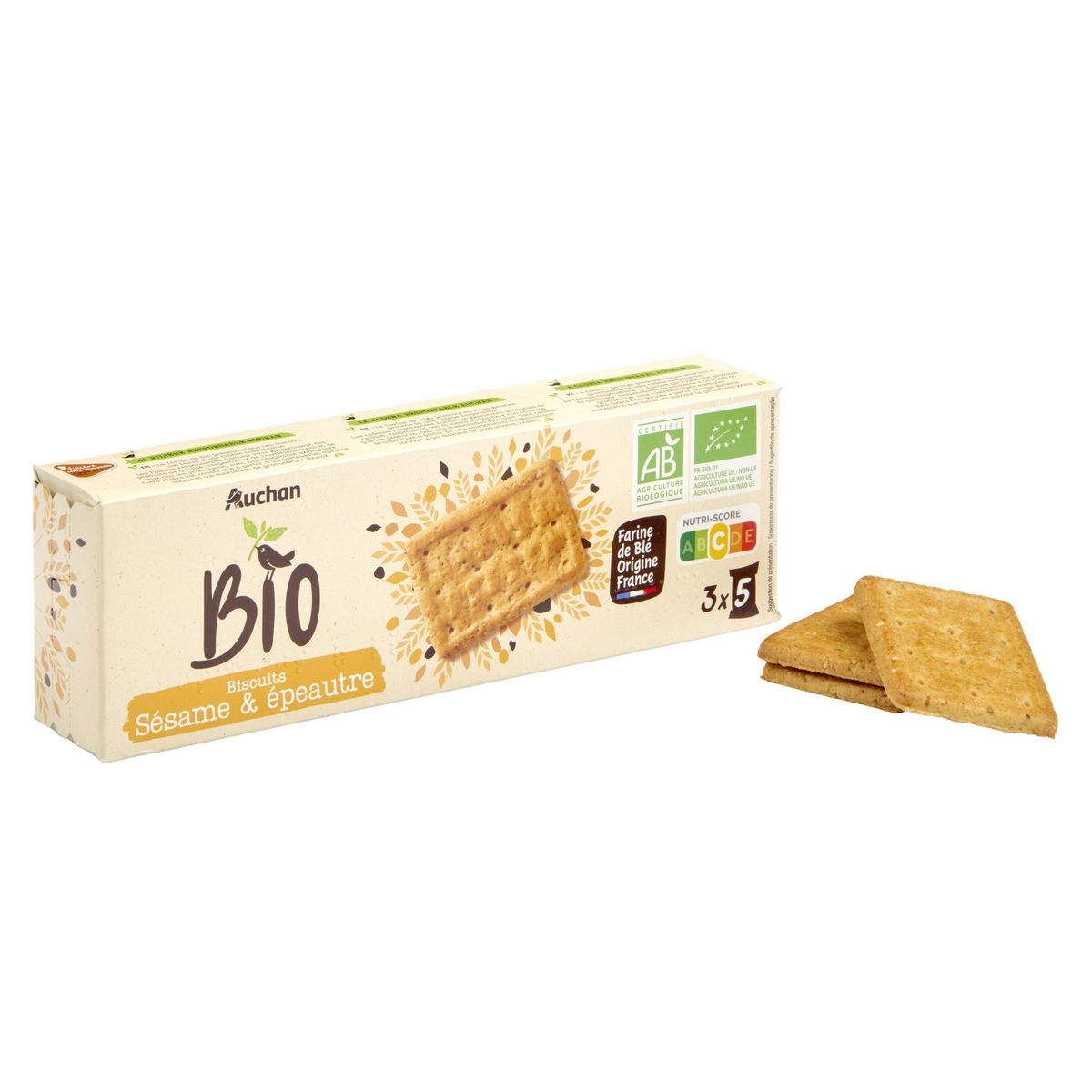 AUCHAN BIO CULTIVONS LE BON Biscuits épeautre sésame, sachets fraîcheur 3x5 biscuits 150g