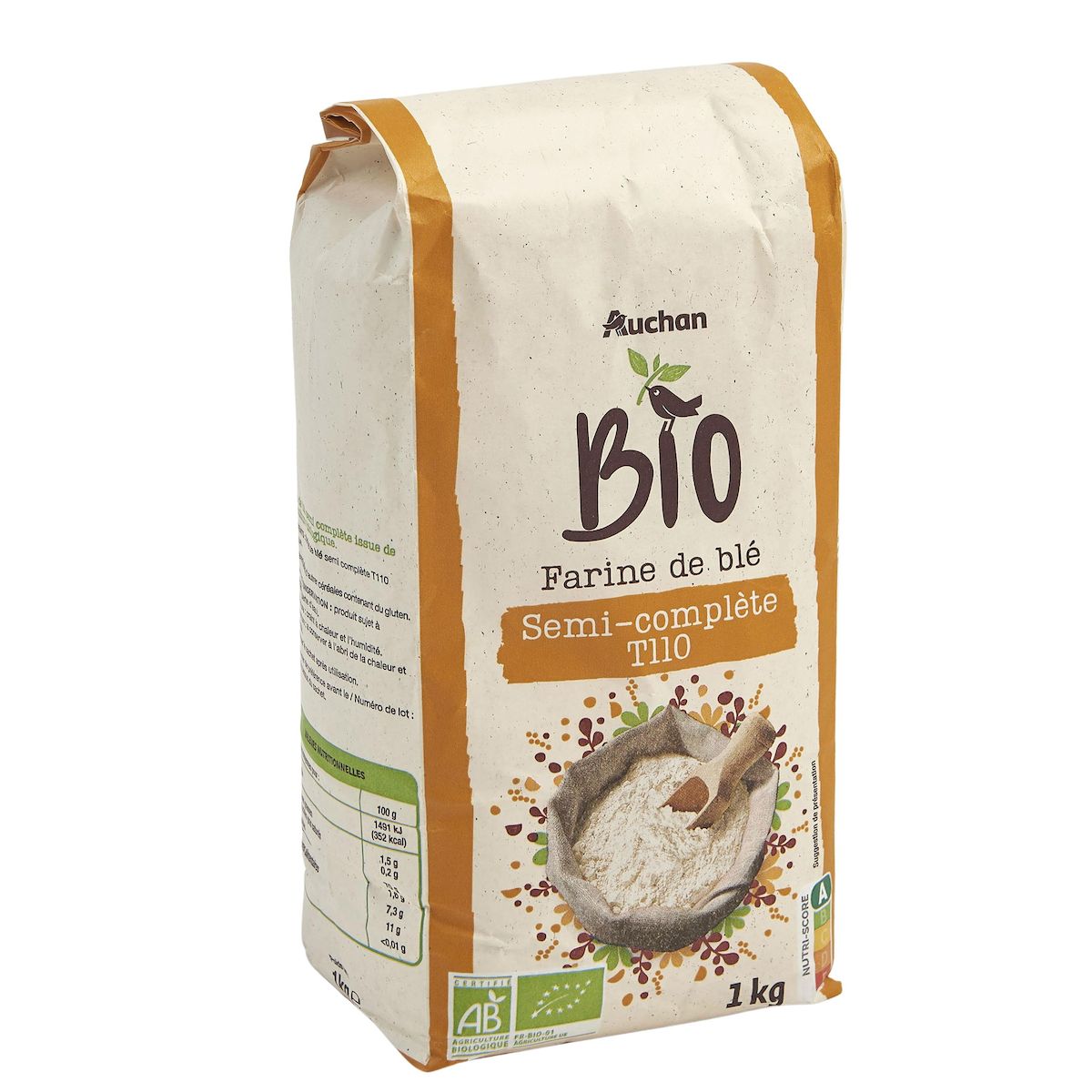 AUCHAN BIO Farine de blé semi-complète T110 1kg