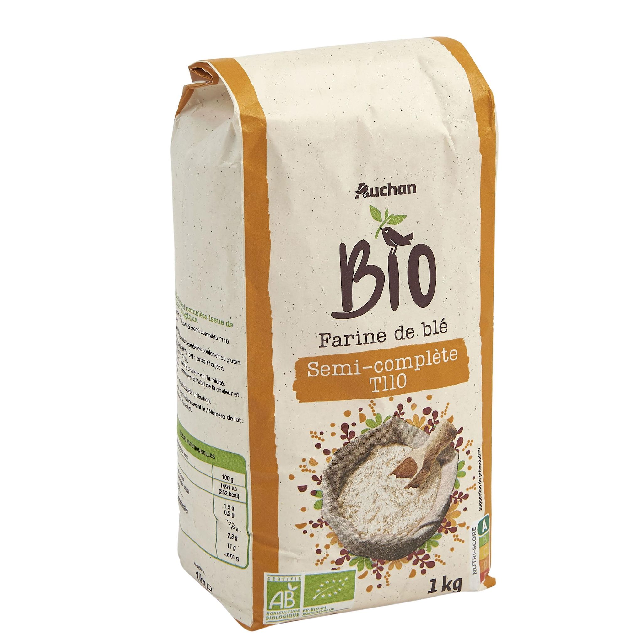 Voir la diapositive 2 : AUCHAN BIO Farine de blé semi-complète T110 1kg