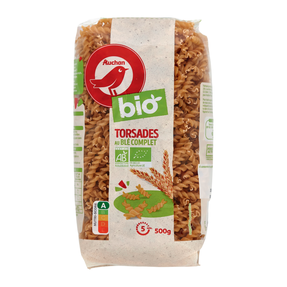 AUCHAN BIO Torsades au blé entier 500g