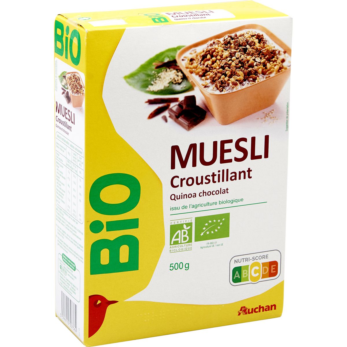 AUCHAN BIO Muesli de céréales croustillant quinoa chocolat 500g