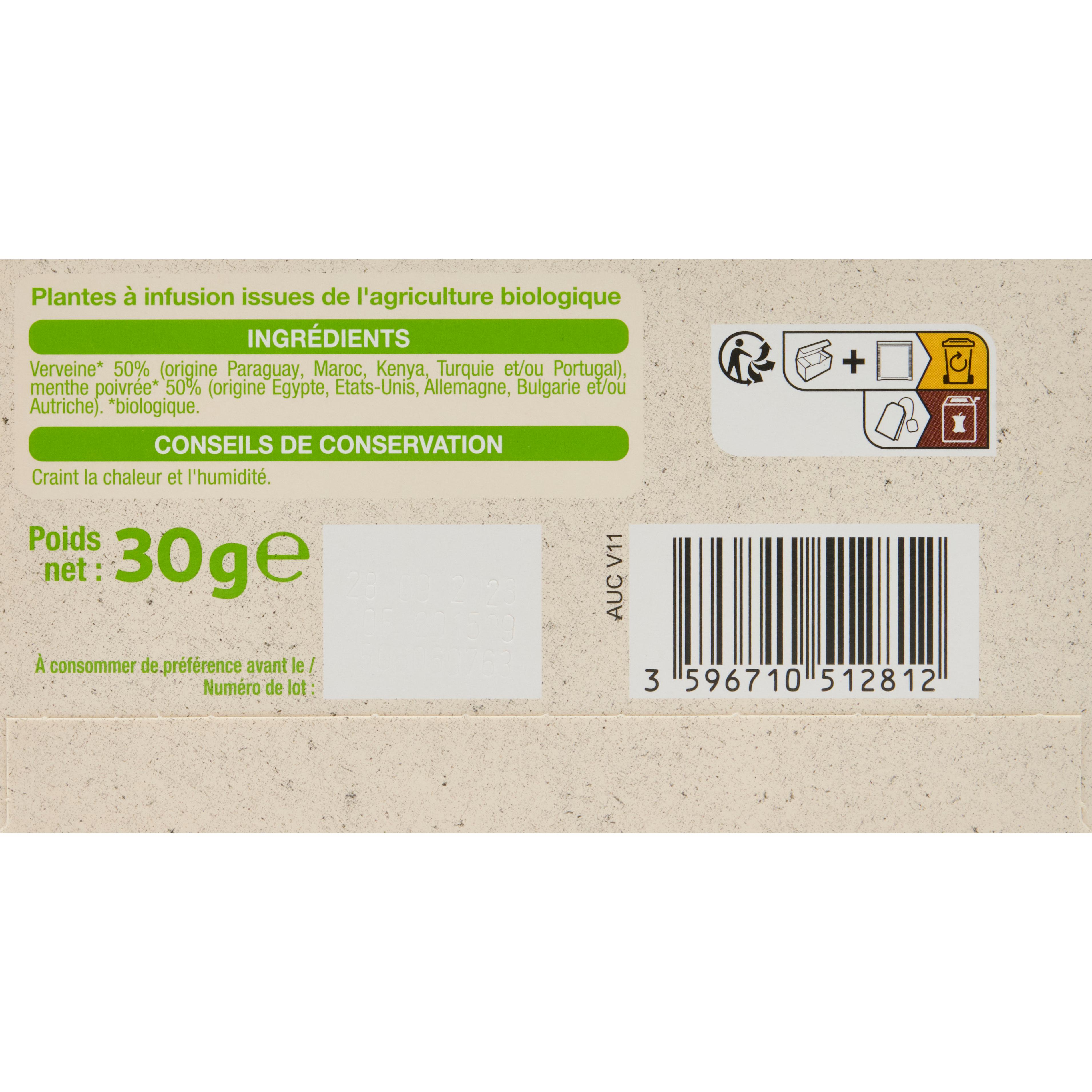 Voir la diapositive 2 : AUCHAN BIO Infusion au thé vert verveine et menthe poivrée 20 sachets 30g