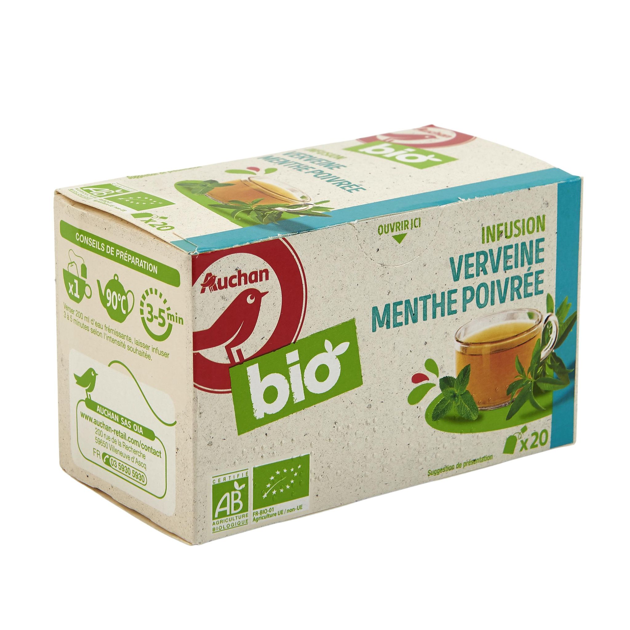 Voir la diapositive 2 : AUCHAN BIO Infusion au thé vert verveine et menthe poivrée 20 sachets 30g