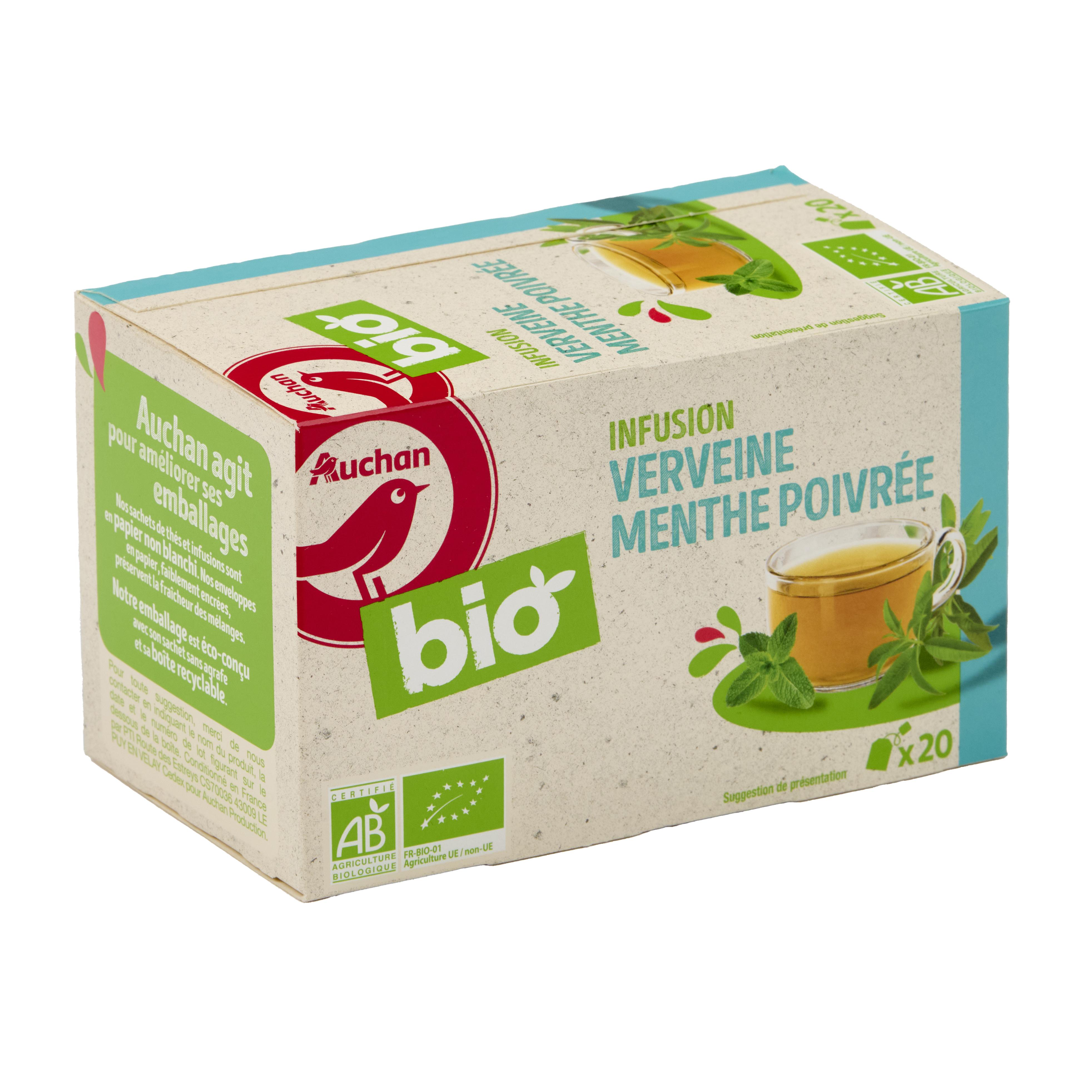 Voir la diapositive 3 : AUCHAN BIO Infusion au thé vert verveine et menthe poivrée 20 sachets 30g