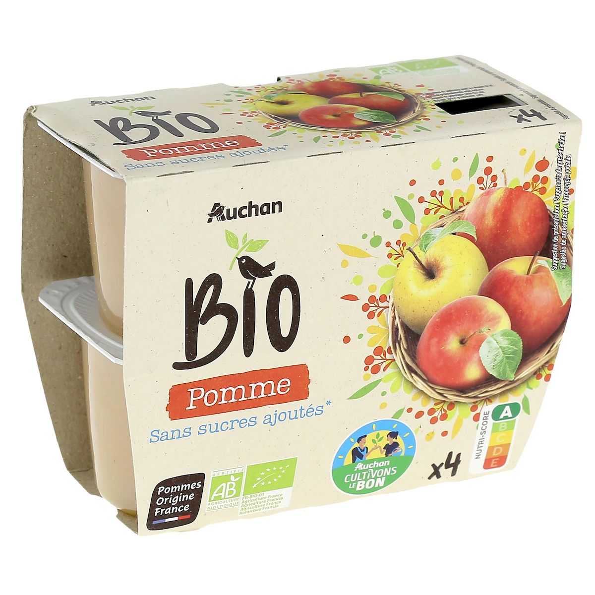 AUCHAN BIO CULTIVONS LE BON Coupelles purée de pomme sans sucres ajoutés 4x100g
