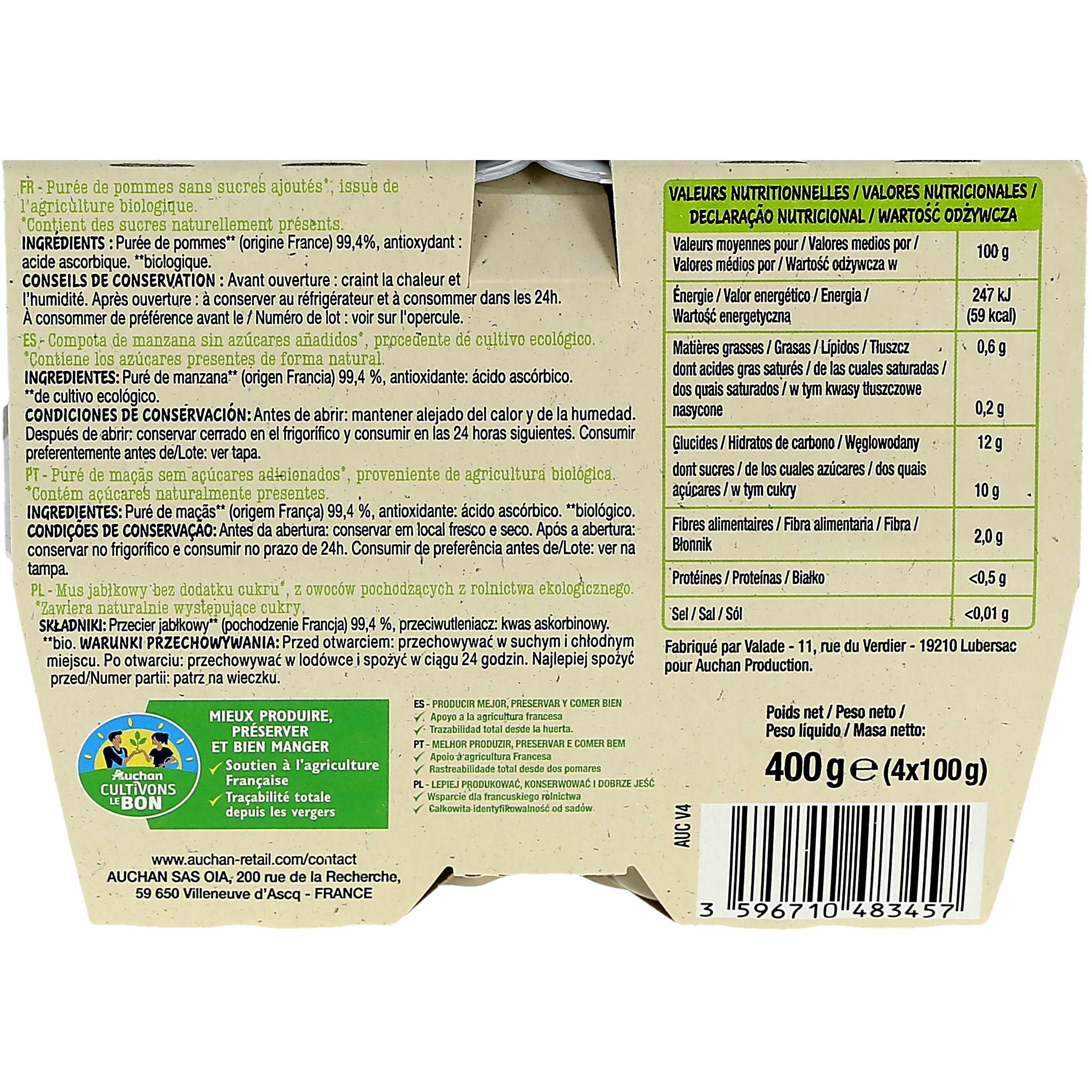 Voir la diapositive 4 : AUCHAN BIO CULTIVONS LE BON Coupelles purée de pomme sans sucres ajoutés 4x100g