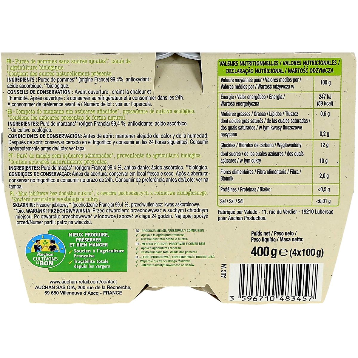 AUCHAN BIO CULTIVONS LE BON Coupelles purée de pomme sans sucres ajoutés 4x100g