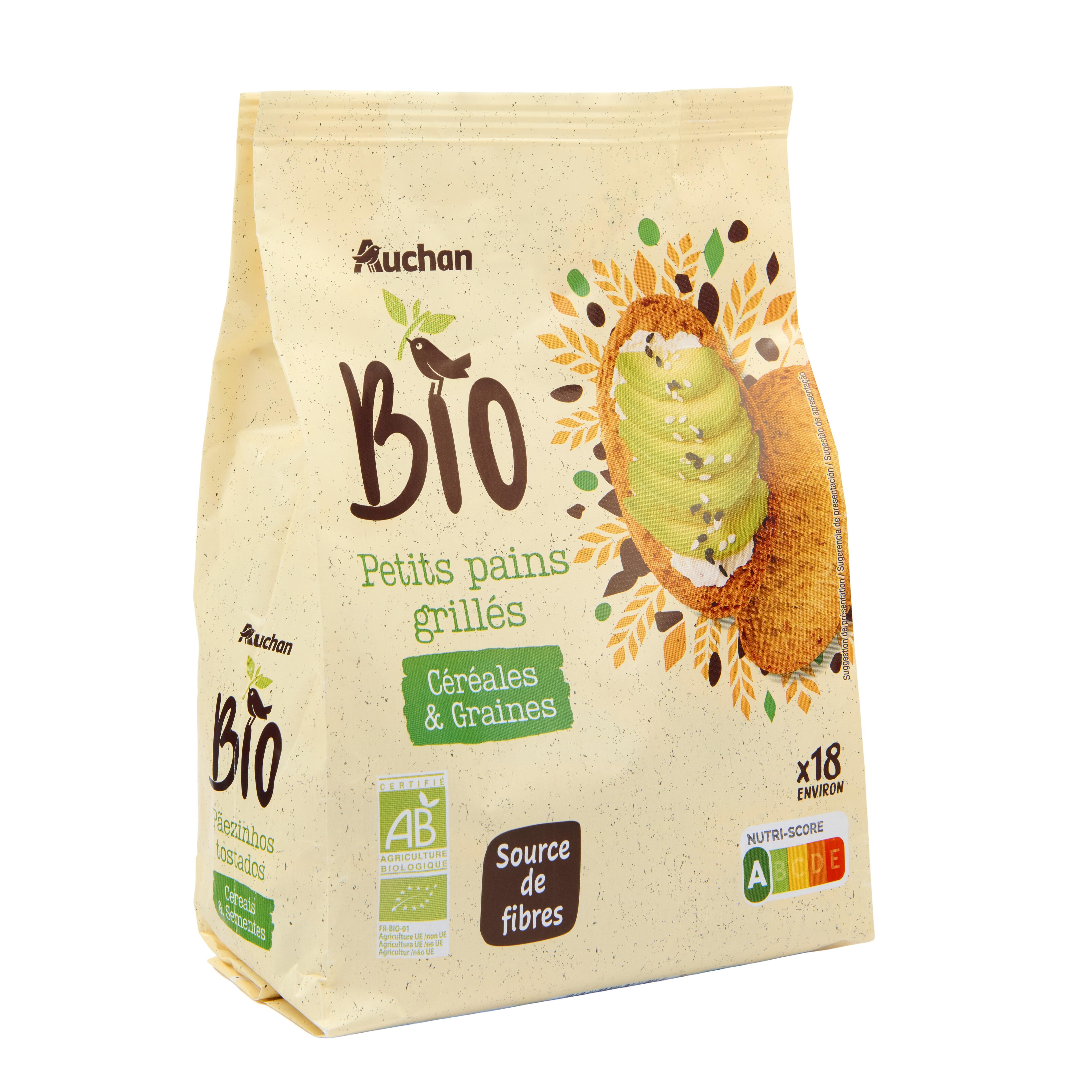Voir la diapositive 2 : AUCHAN BIO Petit pains grillés céréales et graines environs 18 pains 225g