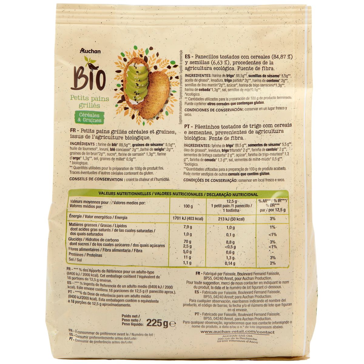 AUCHAN BIO Petit pains grillés céréales et graines environs 18 pains 225g