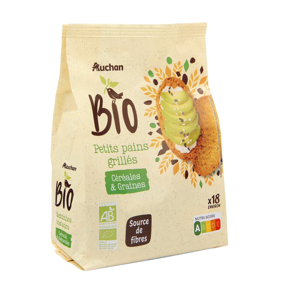 AUCHAN BIO Petit pains grillés céréales et graines environs 18 pains 225g