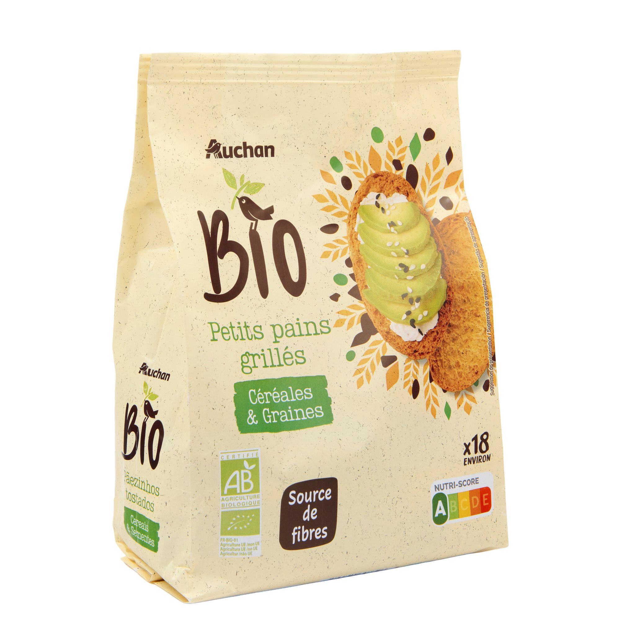 Voir la diapositive 3 : AUCHAN BIO Petit pains grillés céréales et graines environs 18 pains 225g