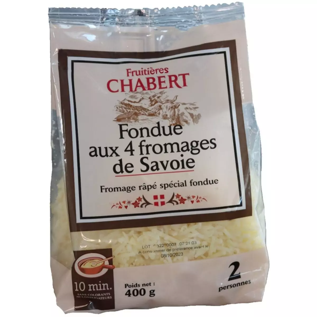 FRUITIERES CHABERT Fromage râpé spécial fondue aux 4 fromage de Savoie 2 personnes 400g