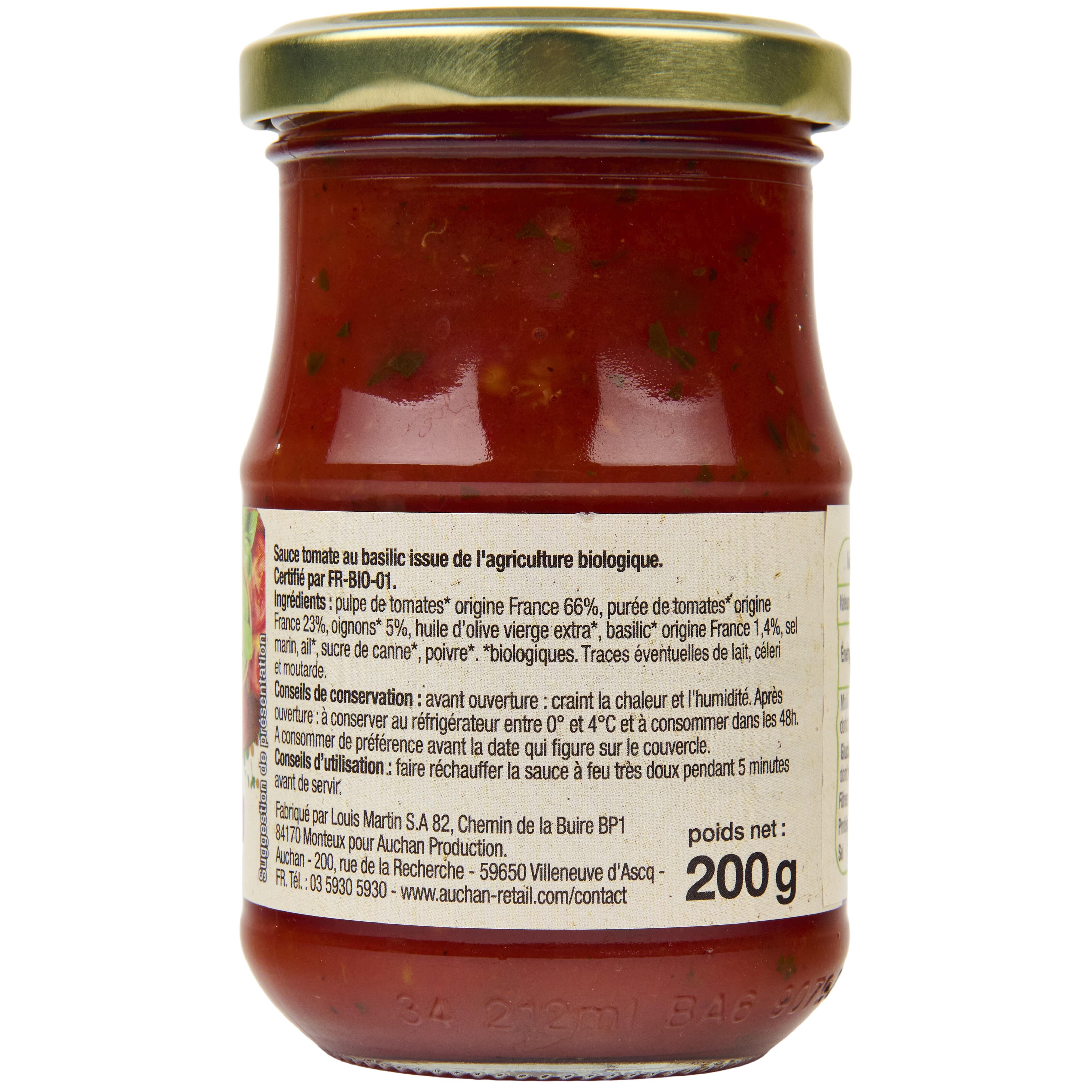Voir la diapositive 2 : AUCHAN BIO Sauce tomate au basilic en bocal 200g