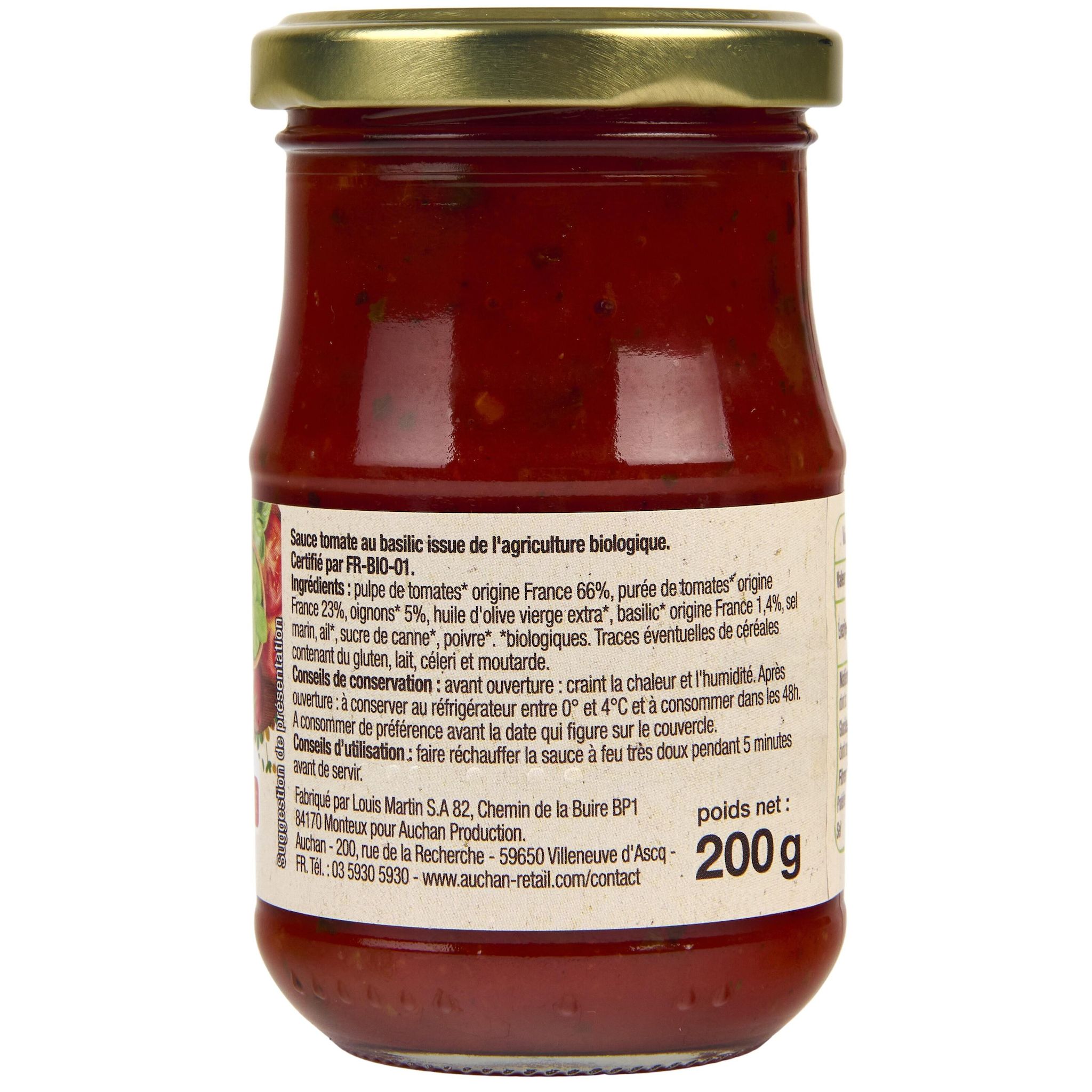 Voir la diapositive 2 : AUCHAN BIO Sauce tomate au basilic en bocal 200g