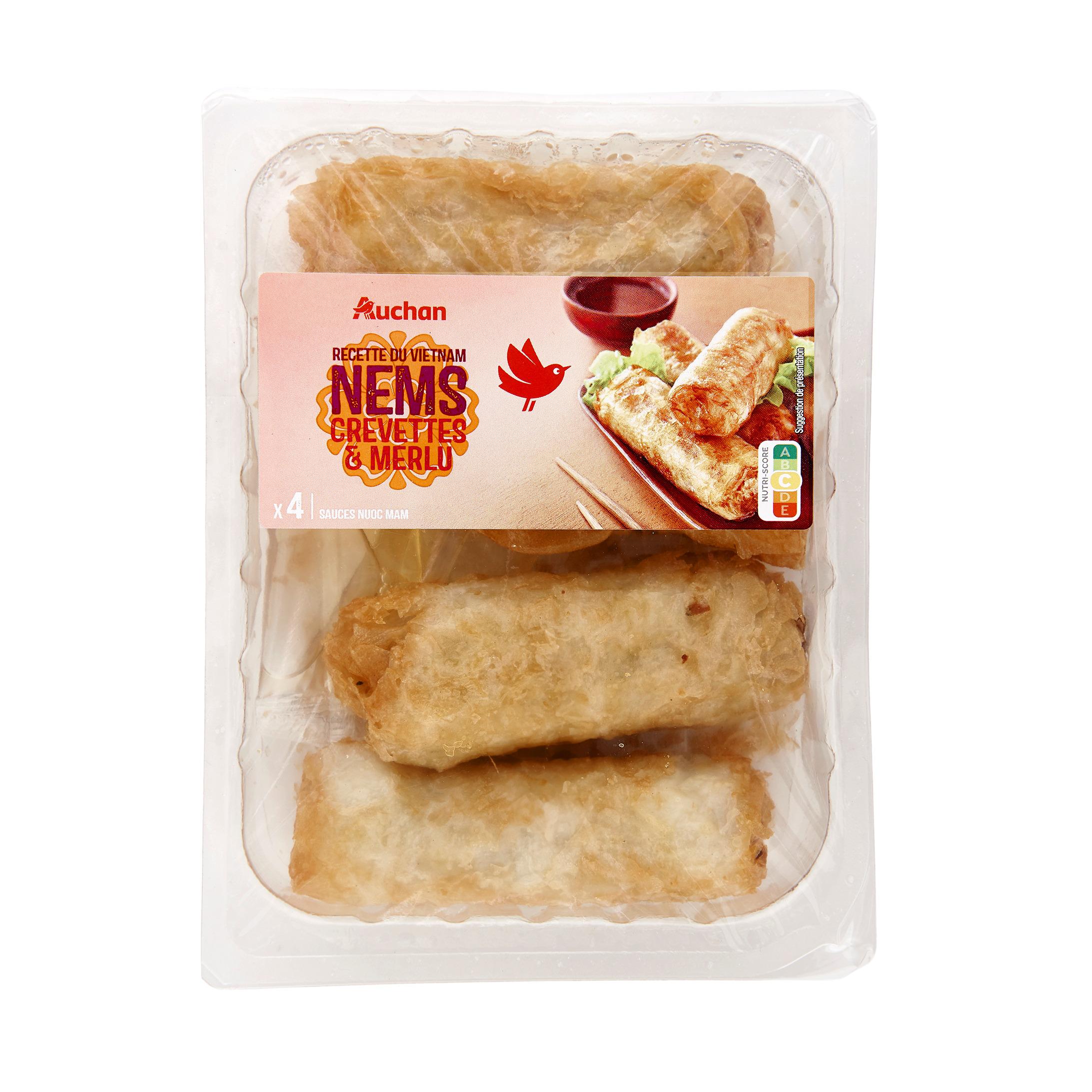 Voir la diapositive 2 : AUCHAN Nems de crevettes et merlu sauce nuoc mam 4 pièces 300g
