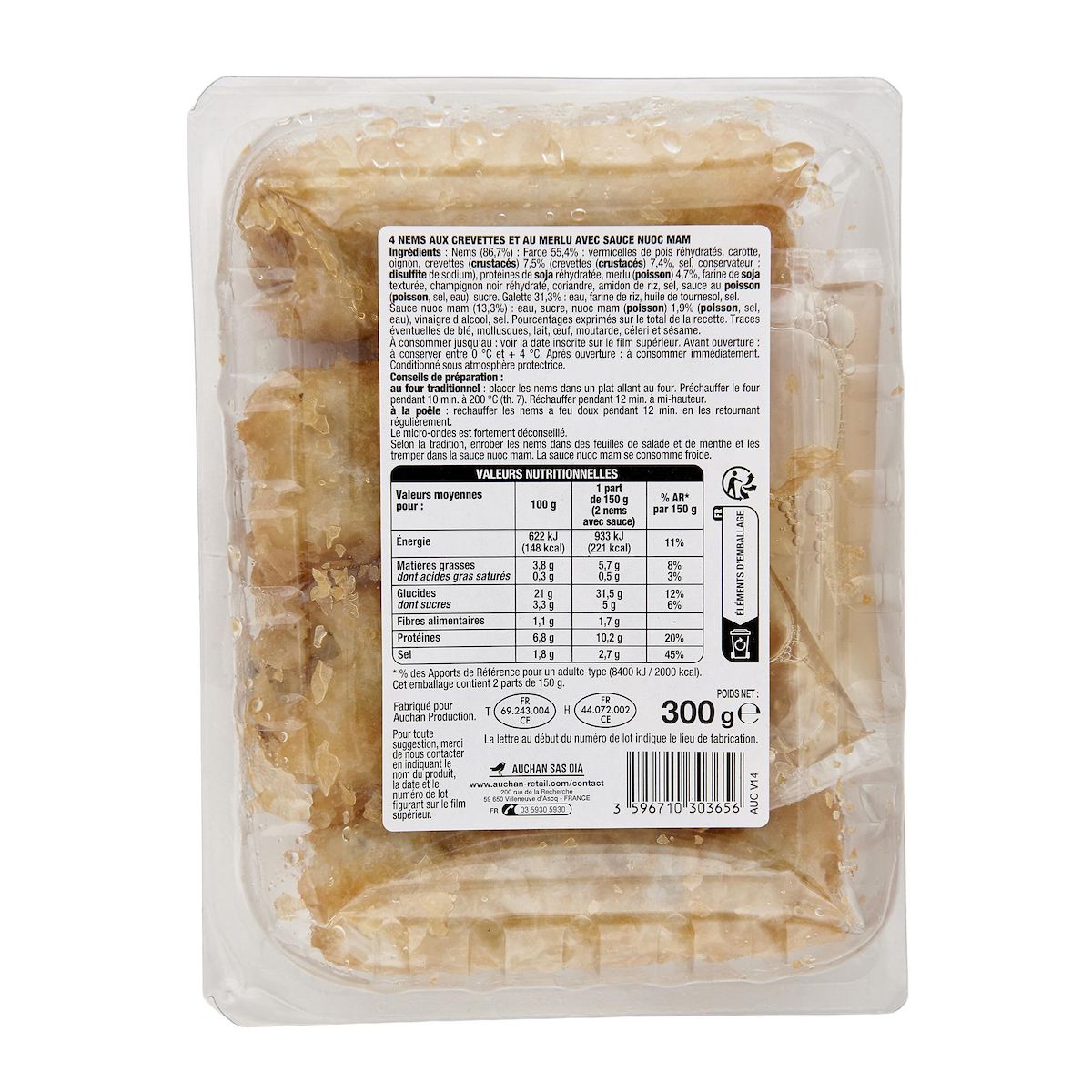 AUCHAN Nems de crevettes et merlu sauce nuoc mam 4 pièces 300g