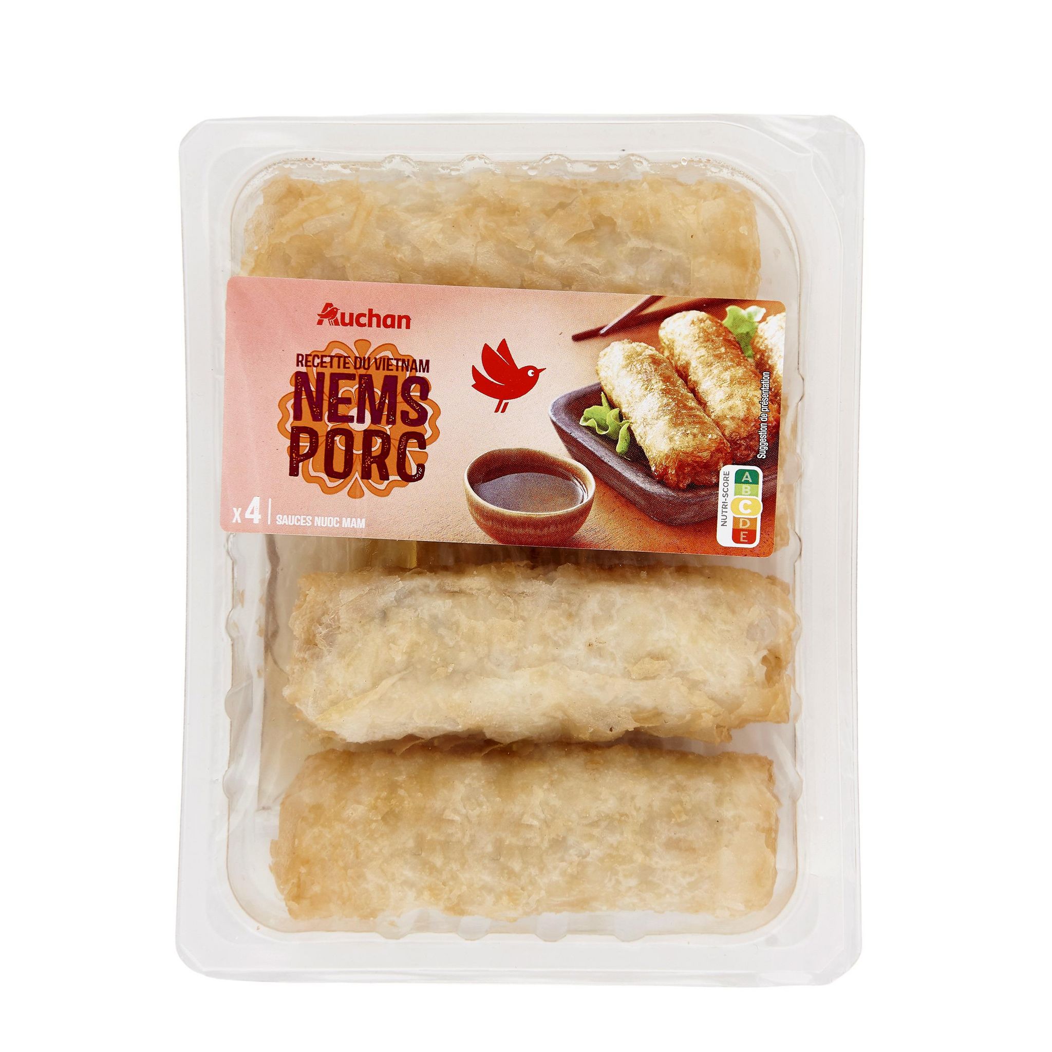 Voir la diapositive 2 : AUCHAN Nems de porc sauce nuoc nam 4 pièces 300g