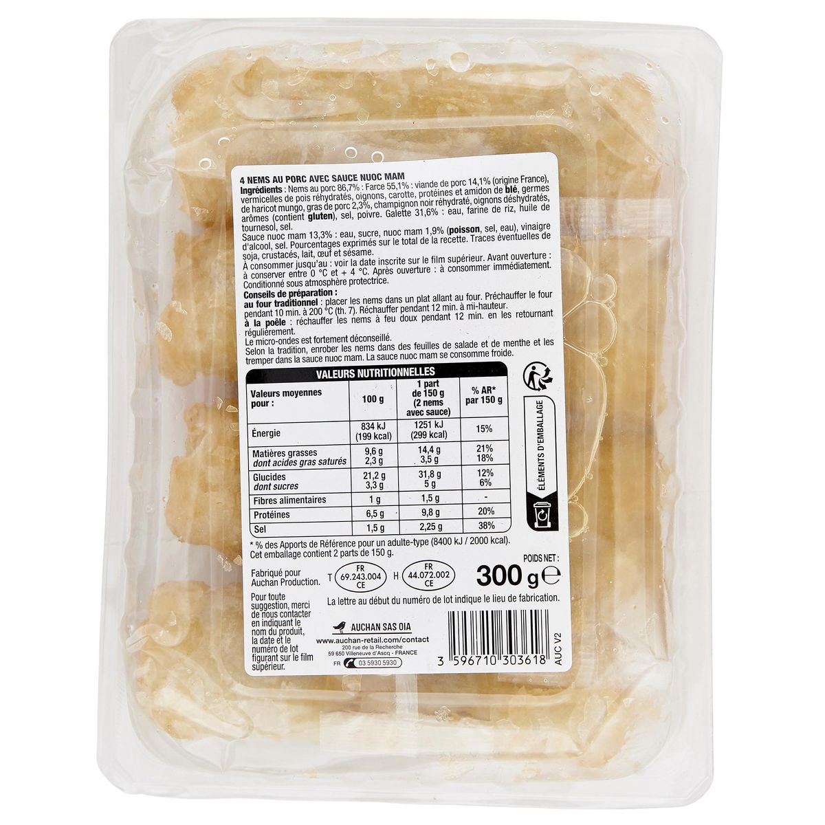 AUCHAN Nems de porc sauce nuoc nam 4 pièces 300g