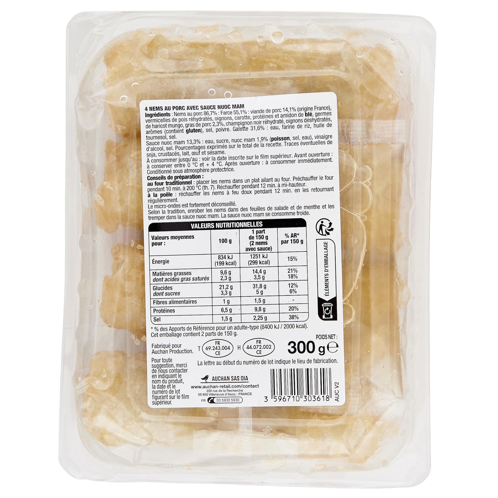 Voir la diapositive 4 : AUCHAN Nems de porc sauce nuoc nam 4 pièces 300g
