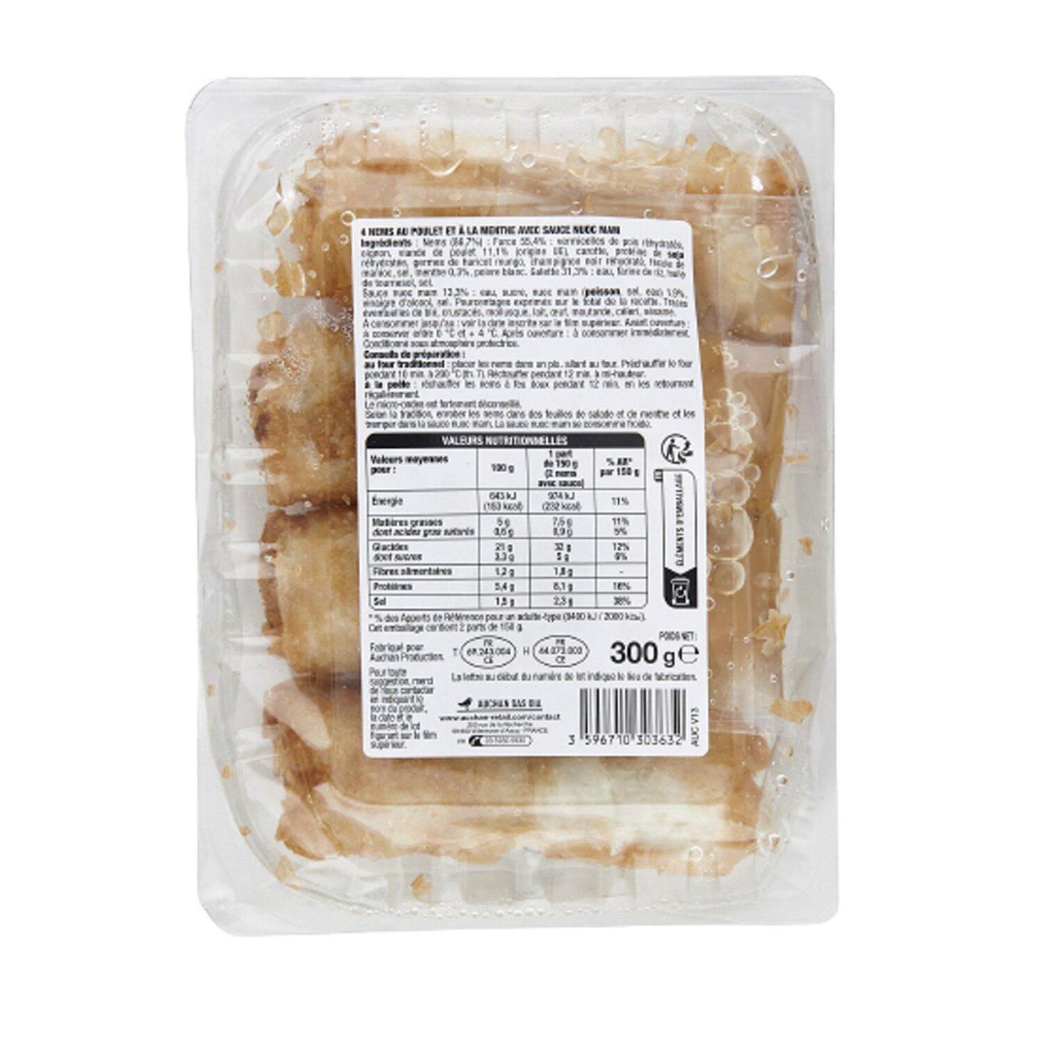 Voir la diapositive 2 : AUCHAN Nems de poulet sauce nuoc nam 4 pièces 300g