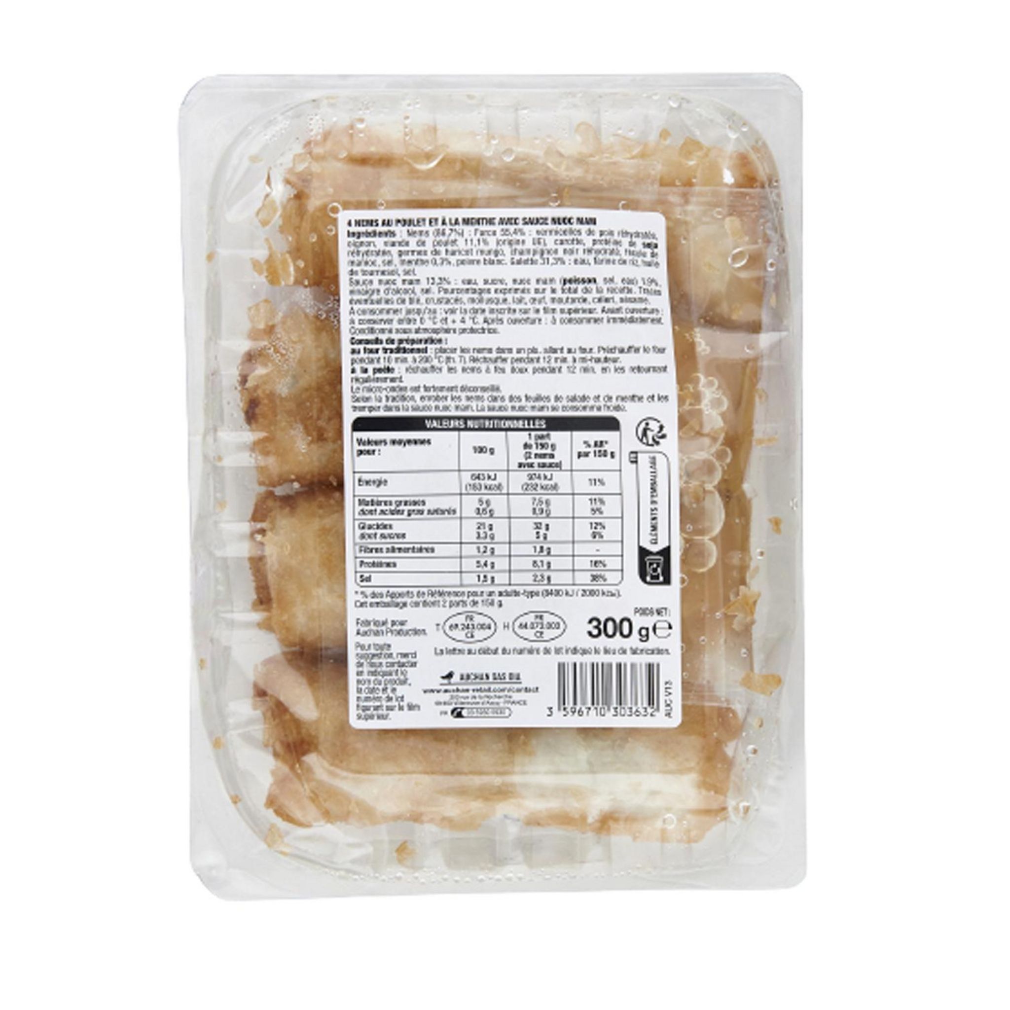 Voir la diapositive 3 : AUCHAN Nems de poulet sauce nuoc nam 4 pièces 300g
