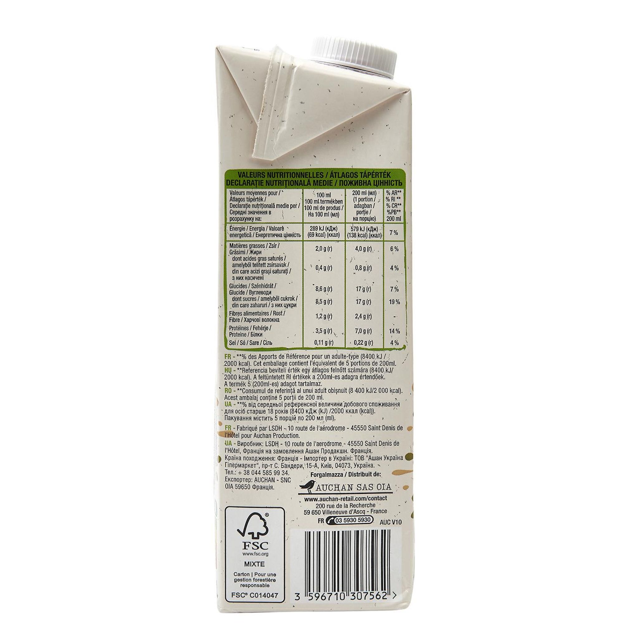 Voir la diapositive 5 : AUCHAN BIO Boisson au soja saveur chocolat 1l