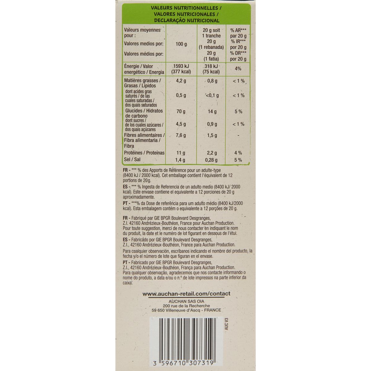 AUCHAN BIO Pain grillé à la farine complète 12 tranches 250g