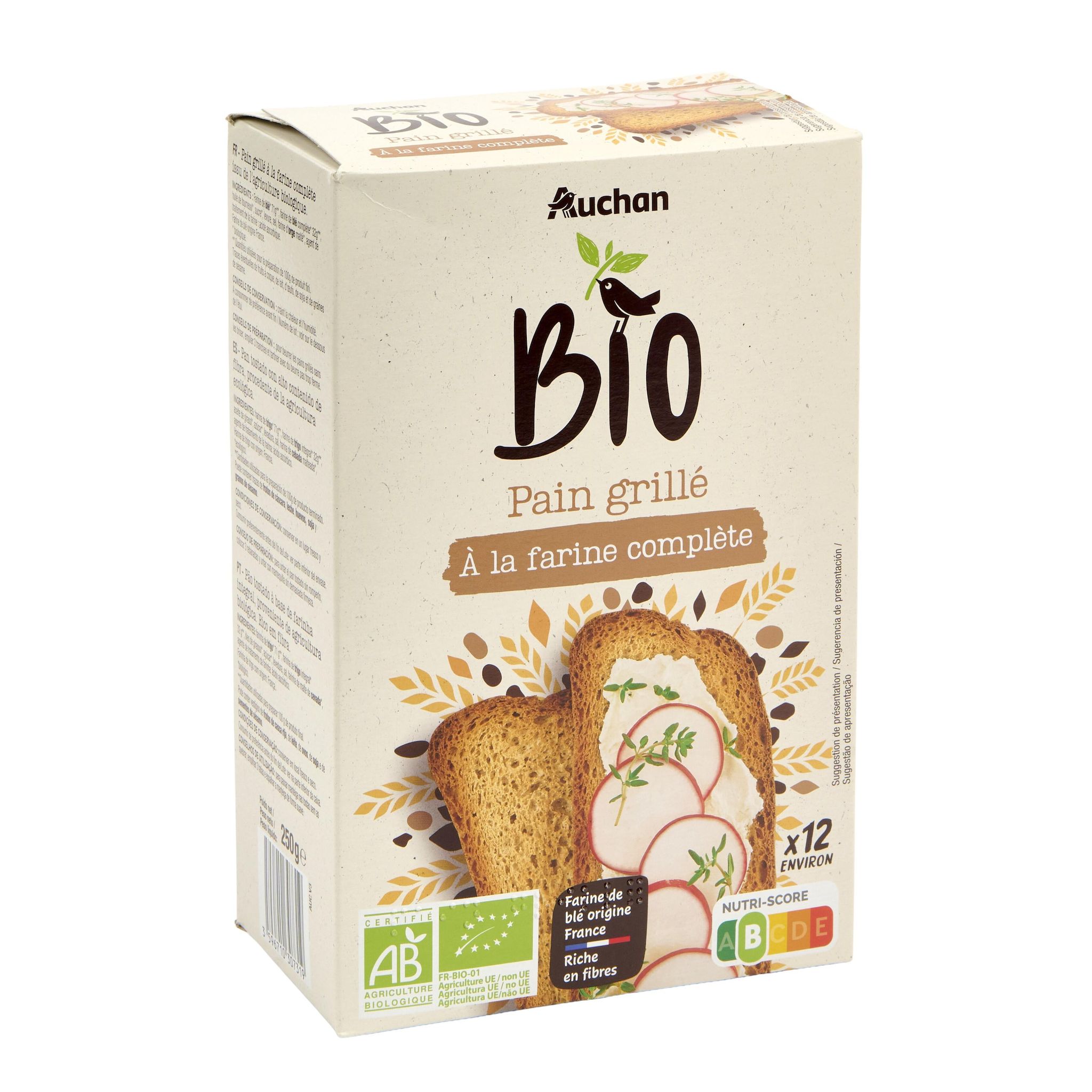 Voir la diapositive 3 : AUCHAN BIO Pain grillé à la farine complète 12 tranches 250g